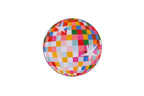 Colorful checkered disco ball coaster with star patterns on a pink background