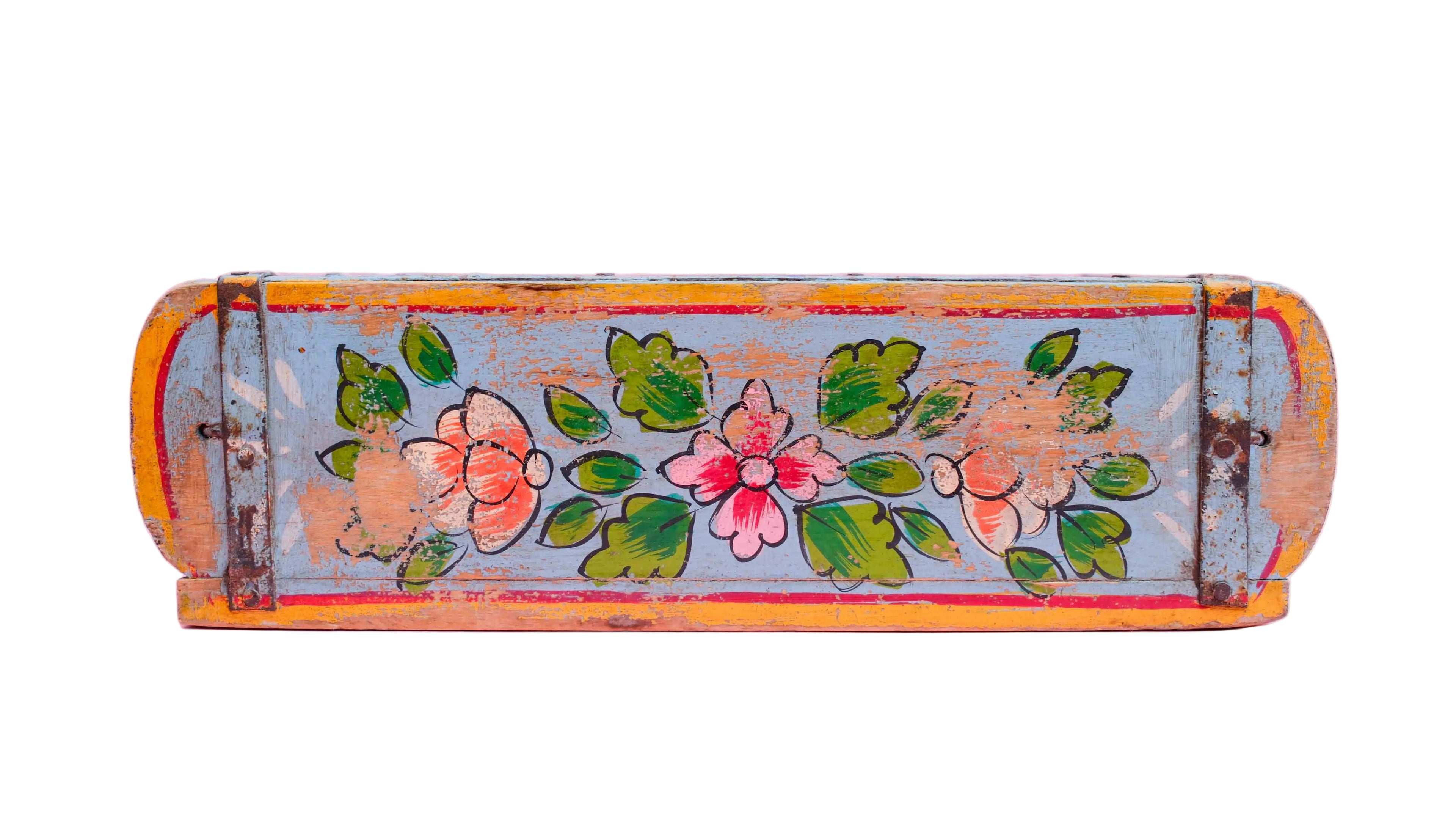 Indian Wooden Brick Mould with Hand Painted Floral Design – Vintage Rustic Storage Box