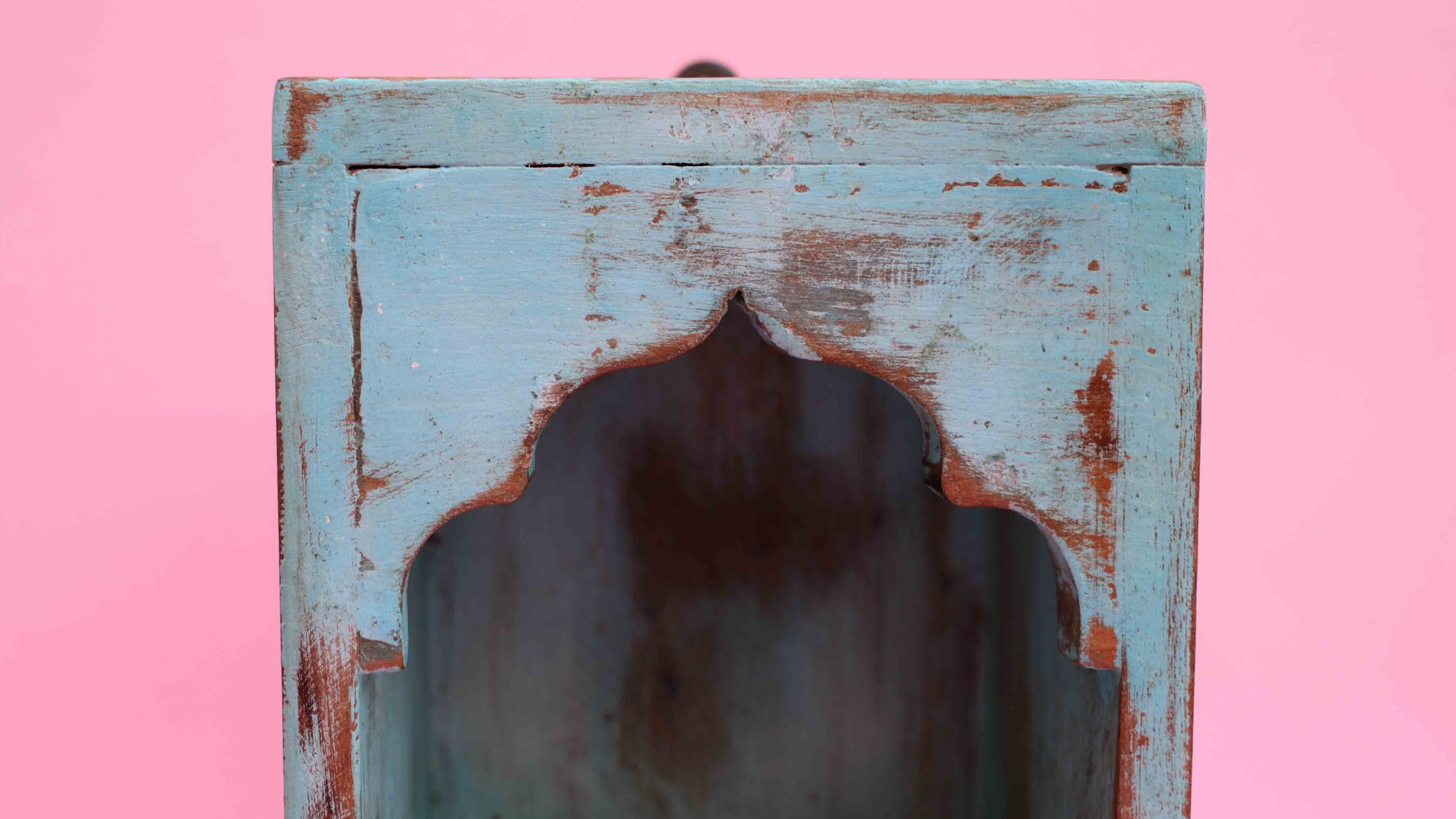 Indian Blue Arched Wooden Box – Handcrafted Distressed Boho Wall Decor