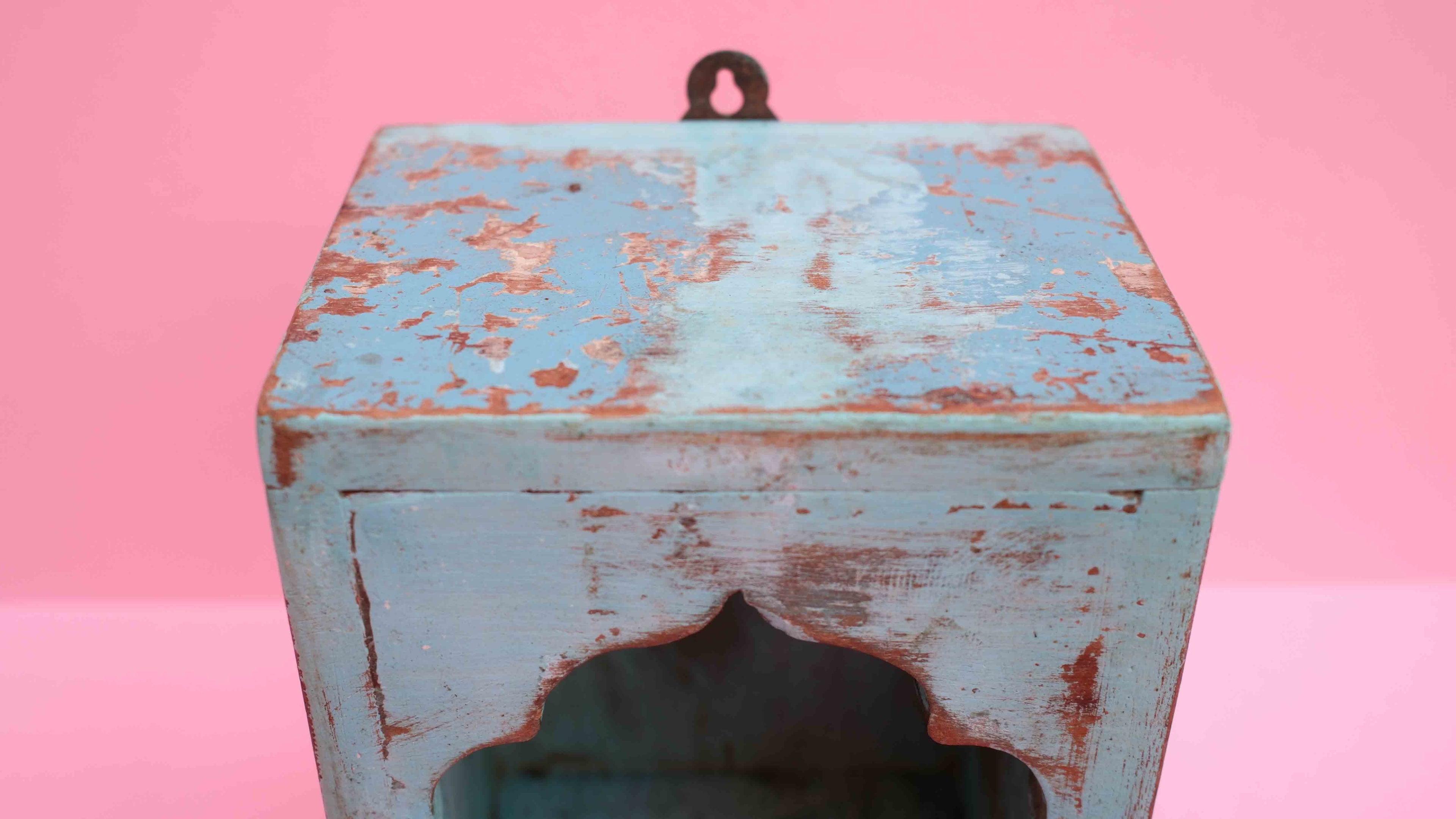 Indian Blue Arched Wooden Box – Handcrafted Distressed Boho Wall Decor