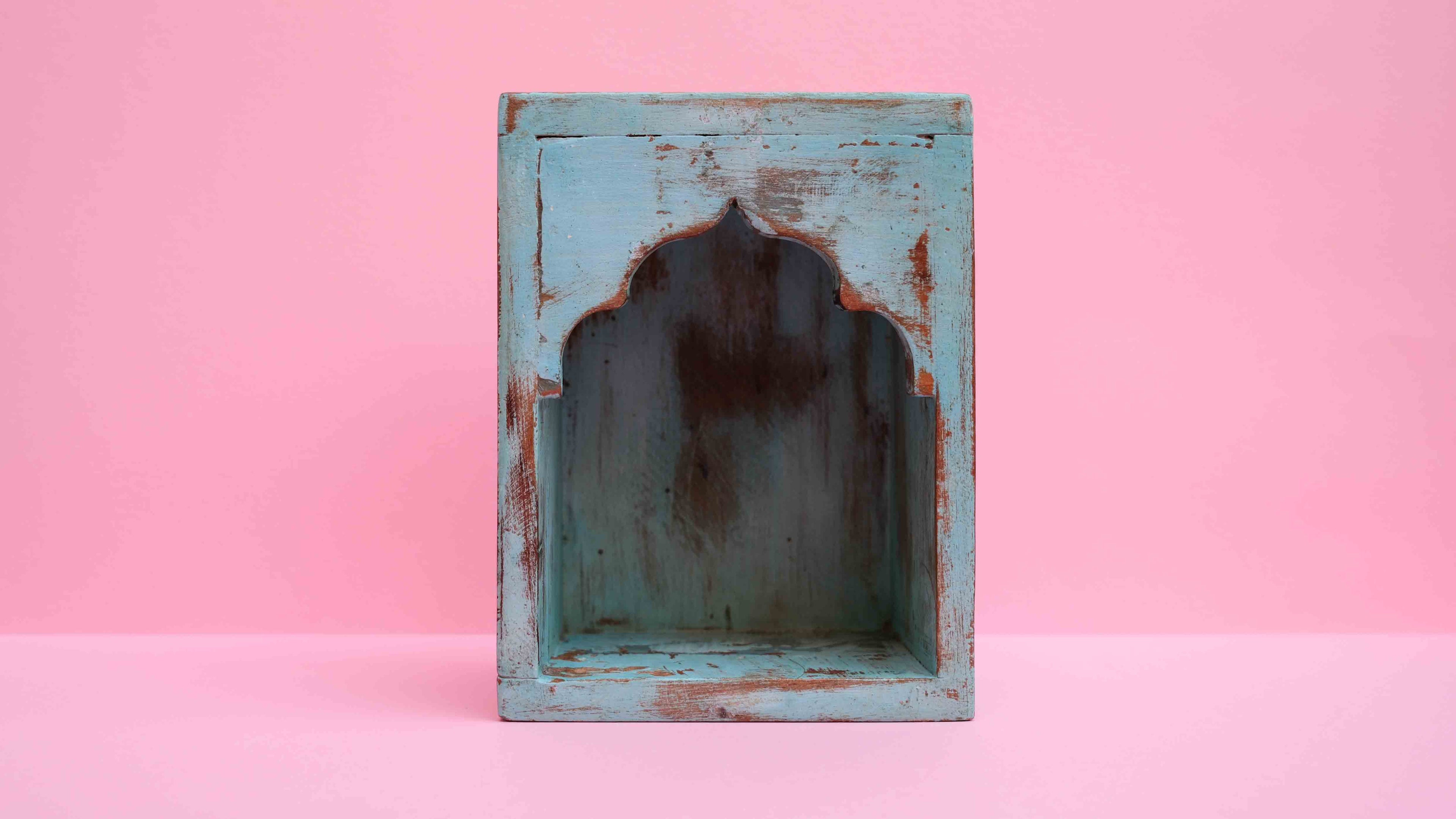 Indian Blue Arched Wooden Box – Handcrafted Distressed Boho Wall Decor