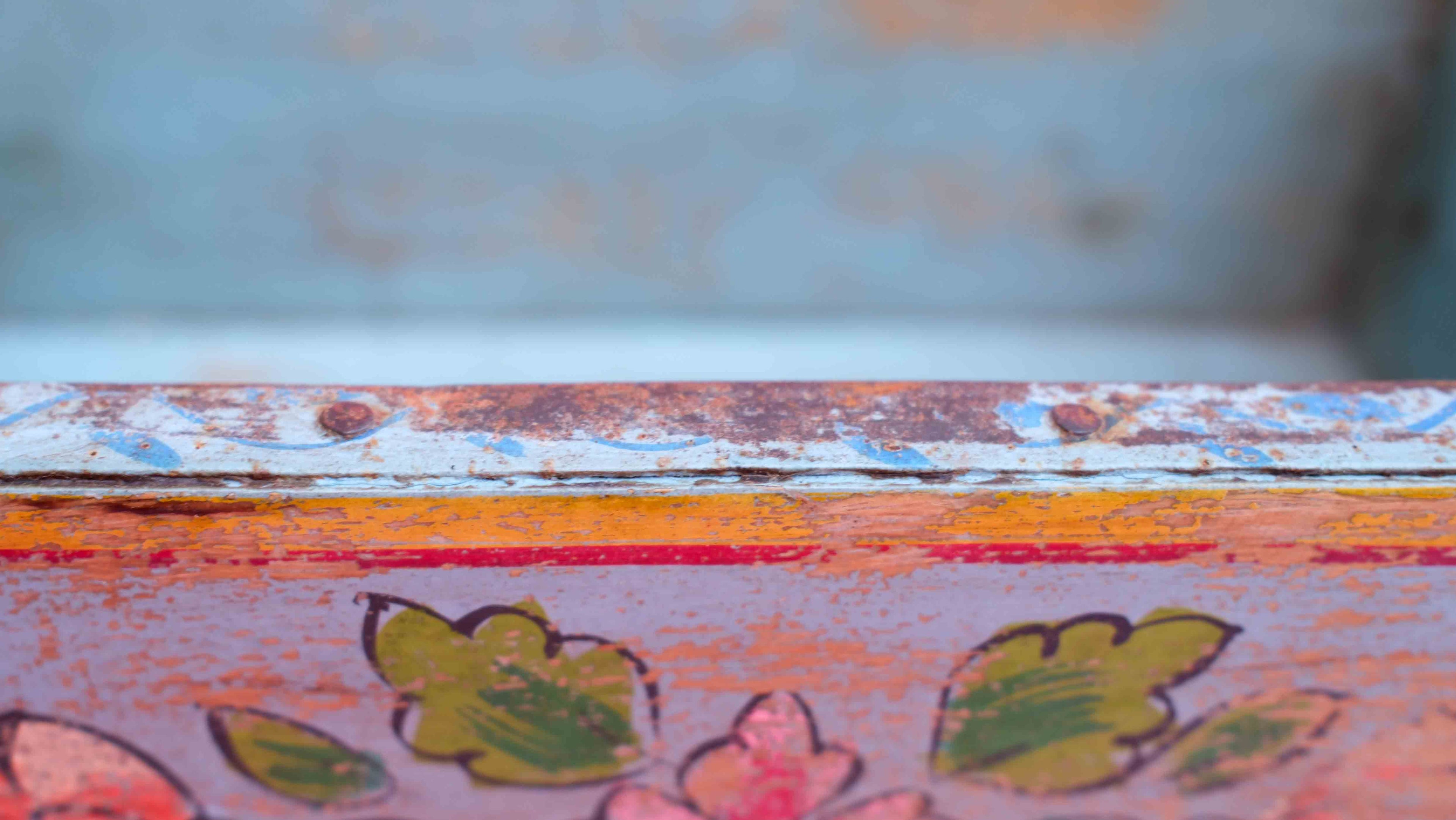 Indian Wooden Brick Mould with Hand Painted Floral Design – Vintage Rustic Storage Box