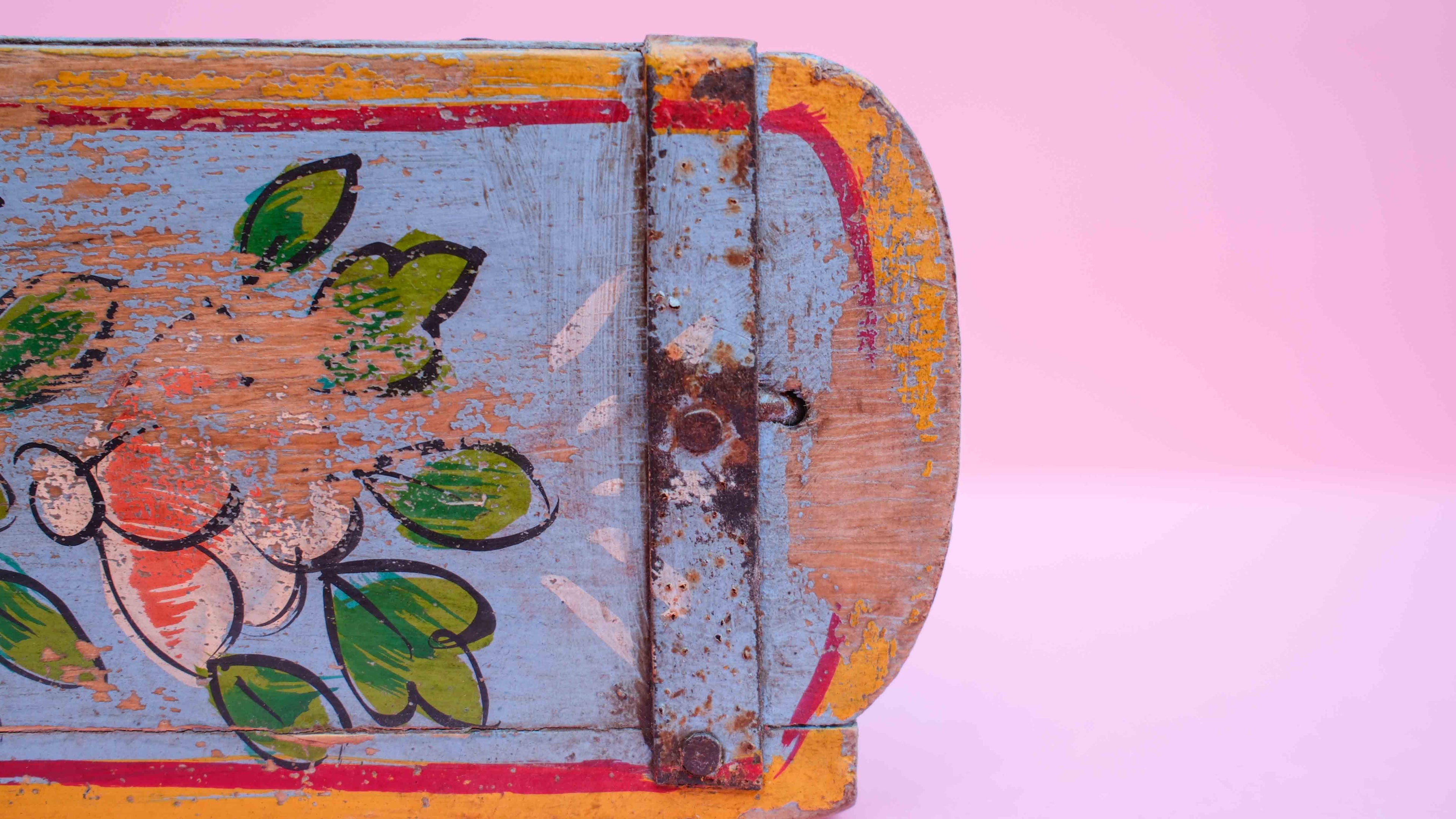 Indian Wooden Brick Mould with Hand Painted Floral Design – Vintage Rustic Storage Box
