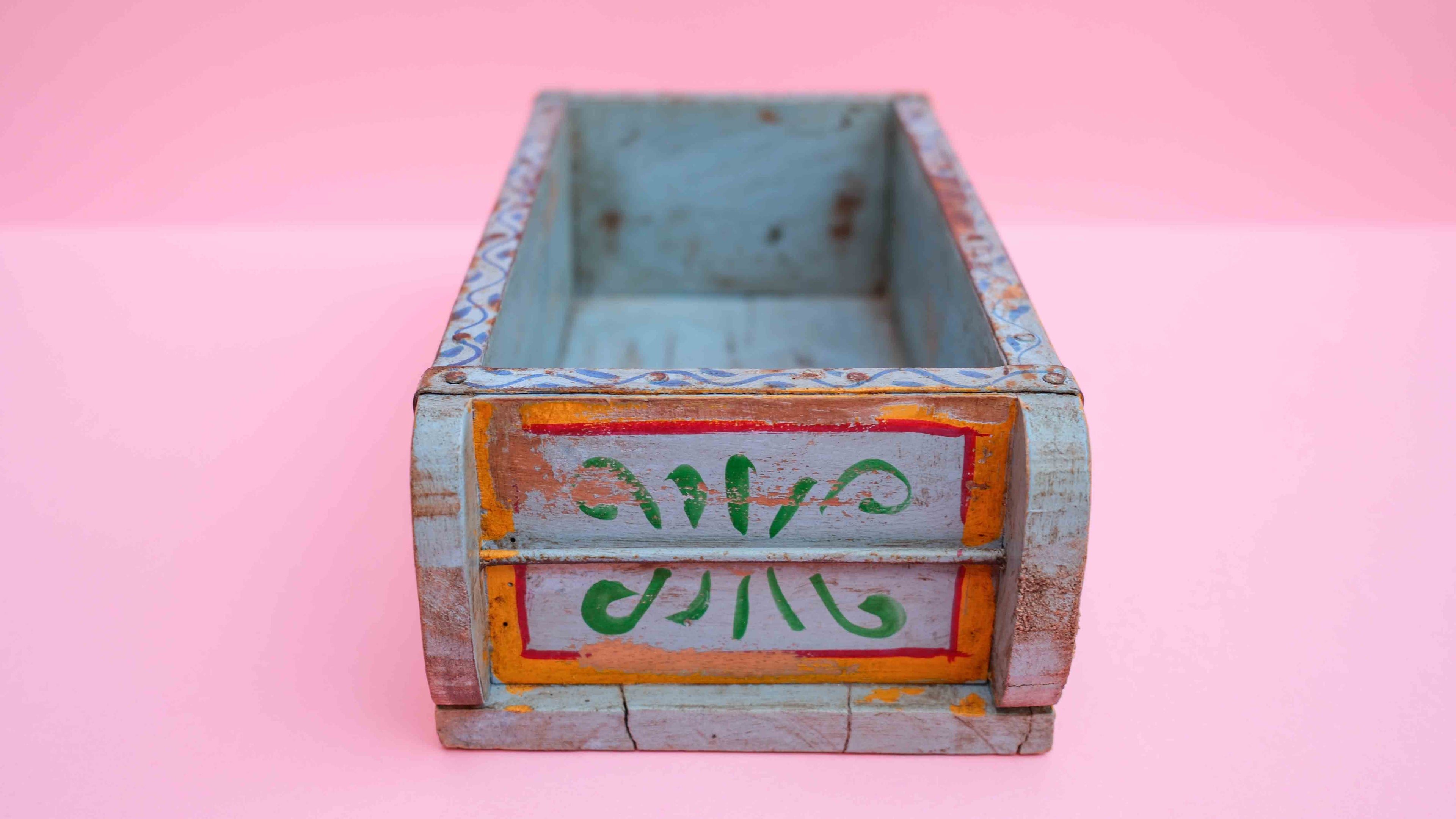 Indian Wooden Brick Mould with Hand Painted Floral Design – Vintage Rustic Storage Box