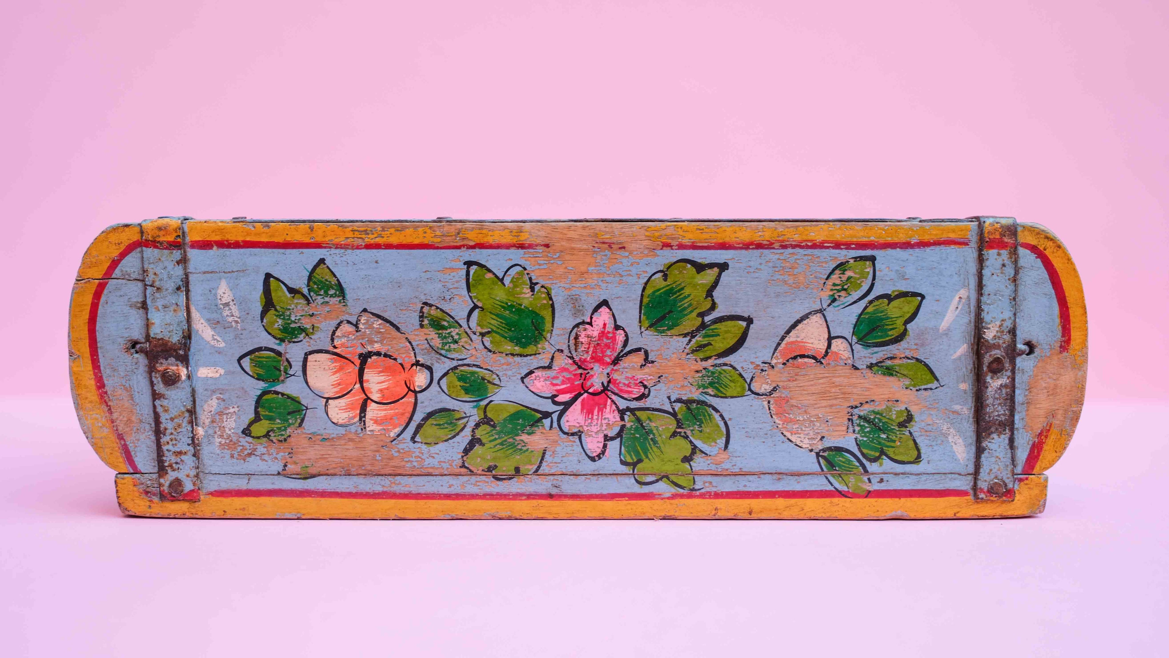 Indian Wooden Brick Mould with Hand Painted Floral Design – Vintage Rustic Storage Box