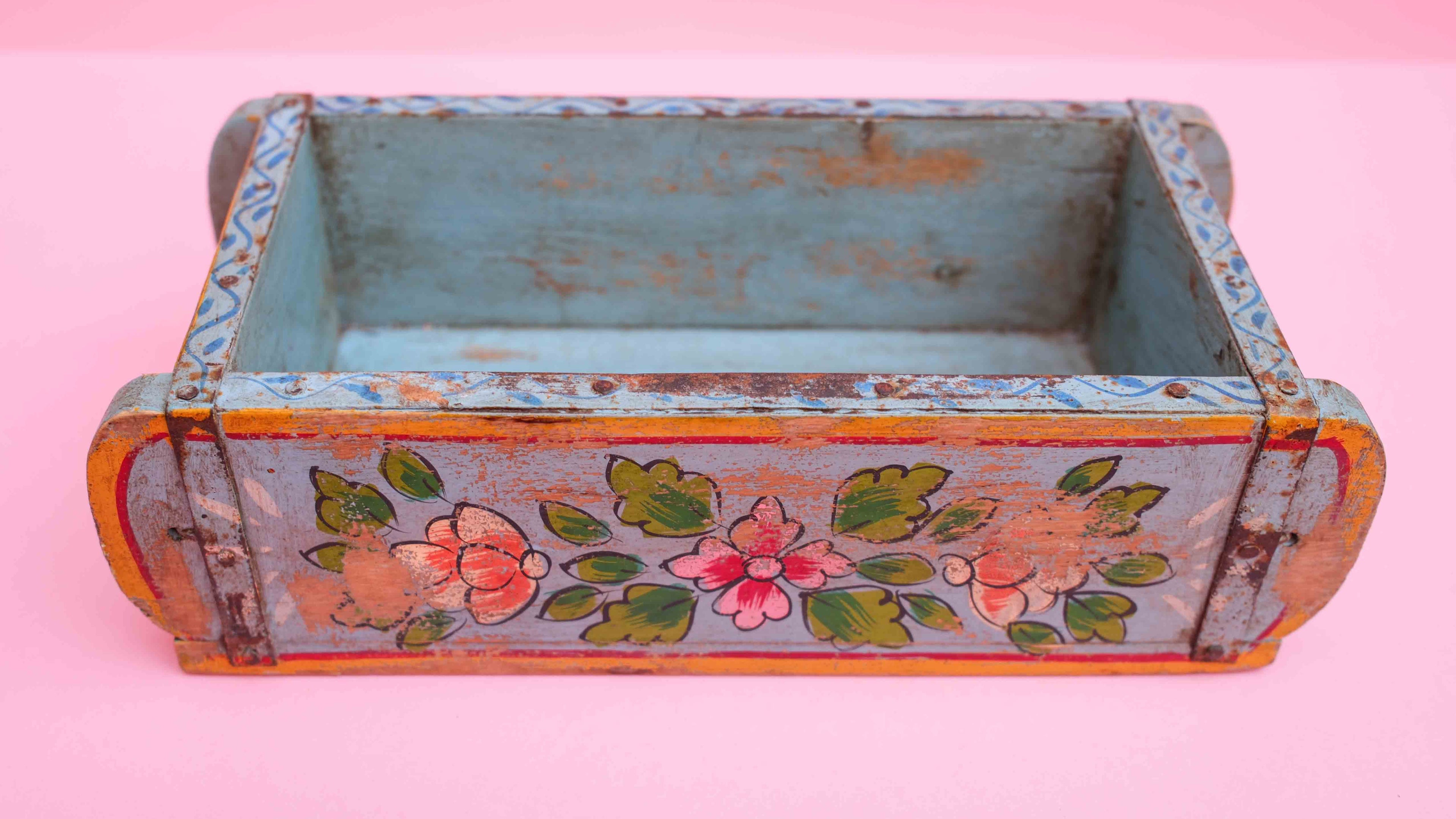 Indian Wooden Brick Mould with Hand Painted Floral Design – Vintage Rustic Storage Box