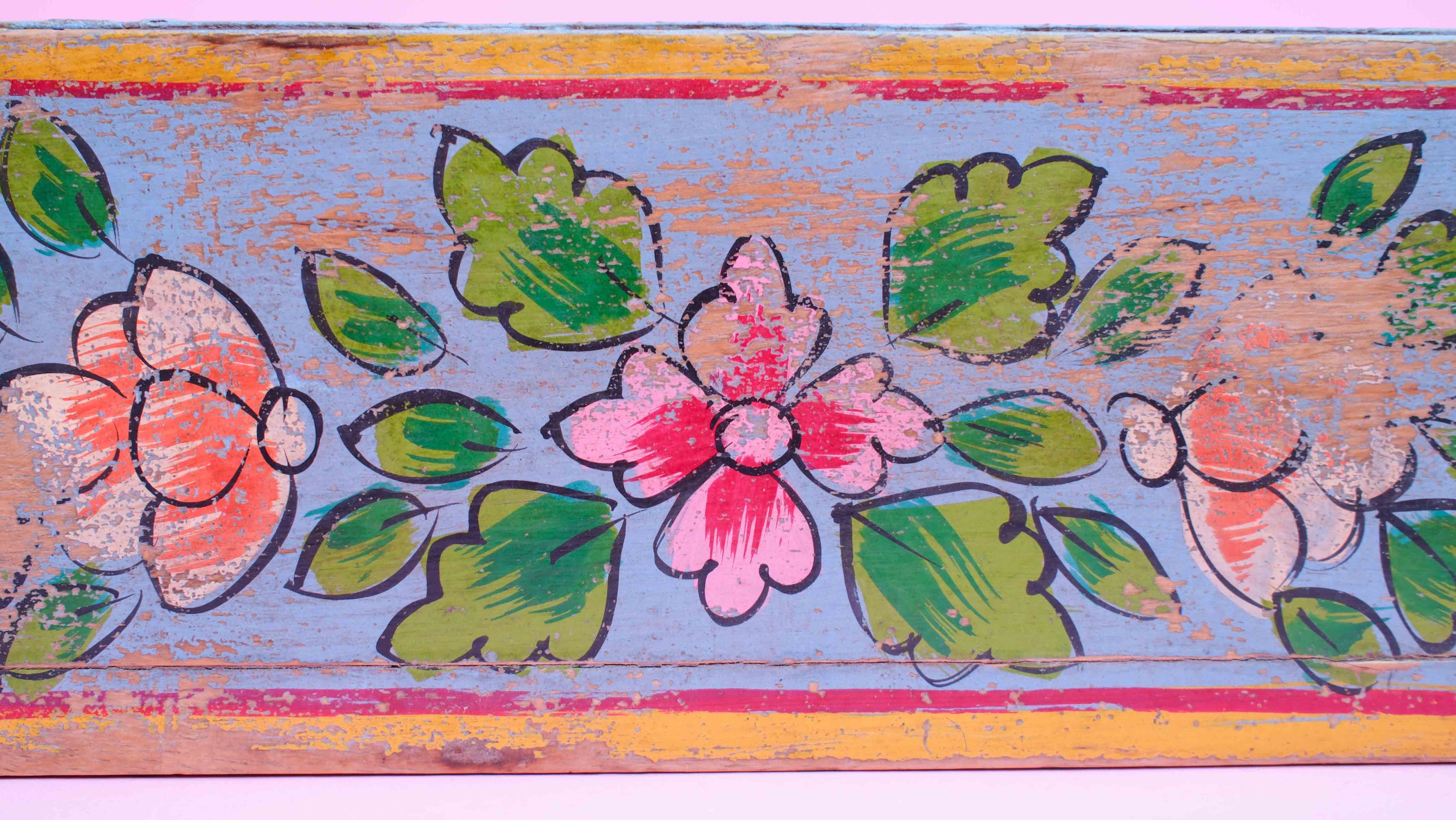 Indian Wooden Brick Mould with Hand Painted Floral Design – Vintage Rustic Storage Box