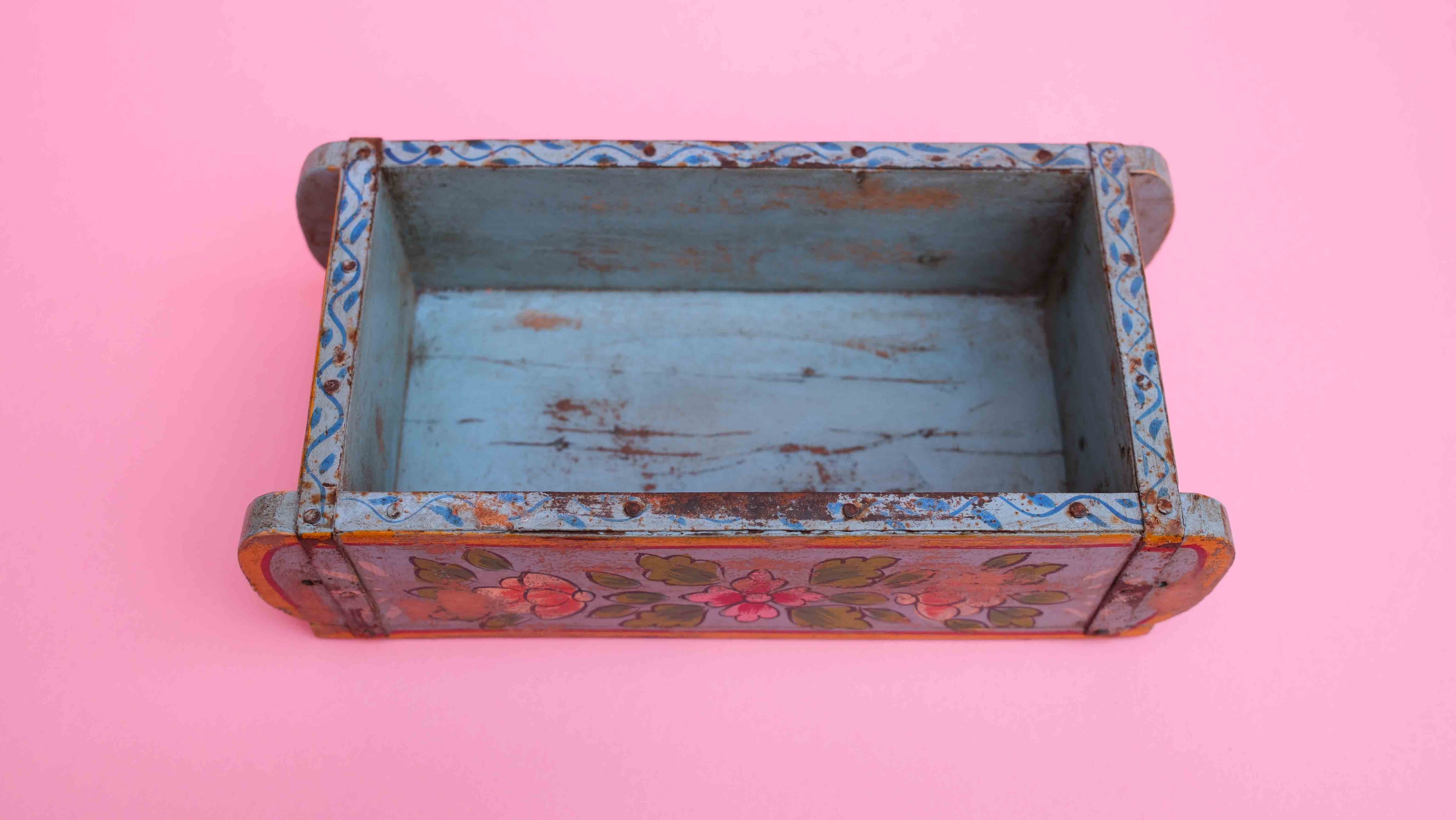 Indian Wooden Brick Mould with Hand Painted Floral Design – Vintage Rustic Storage Box