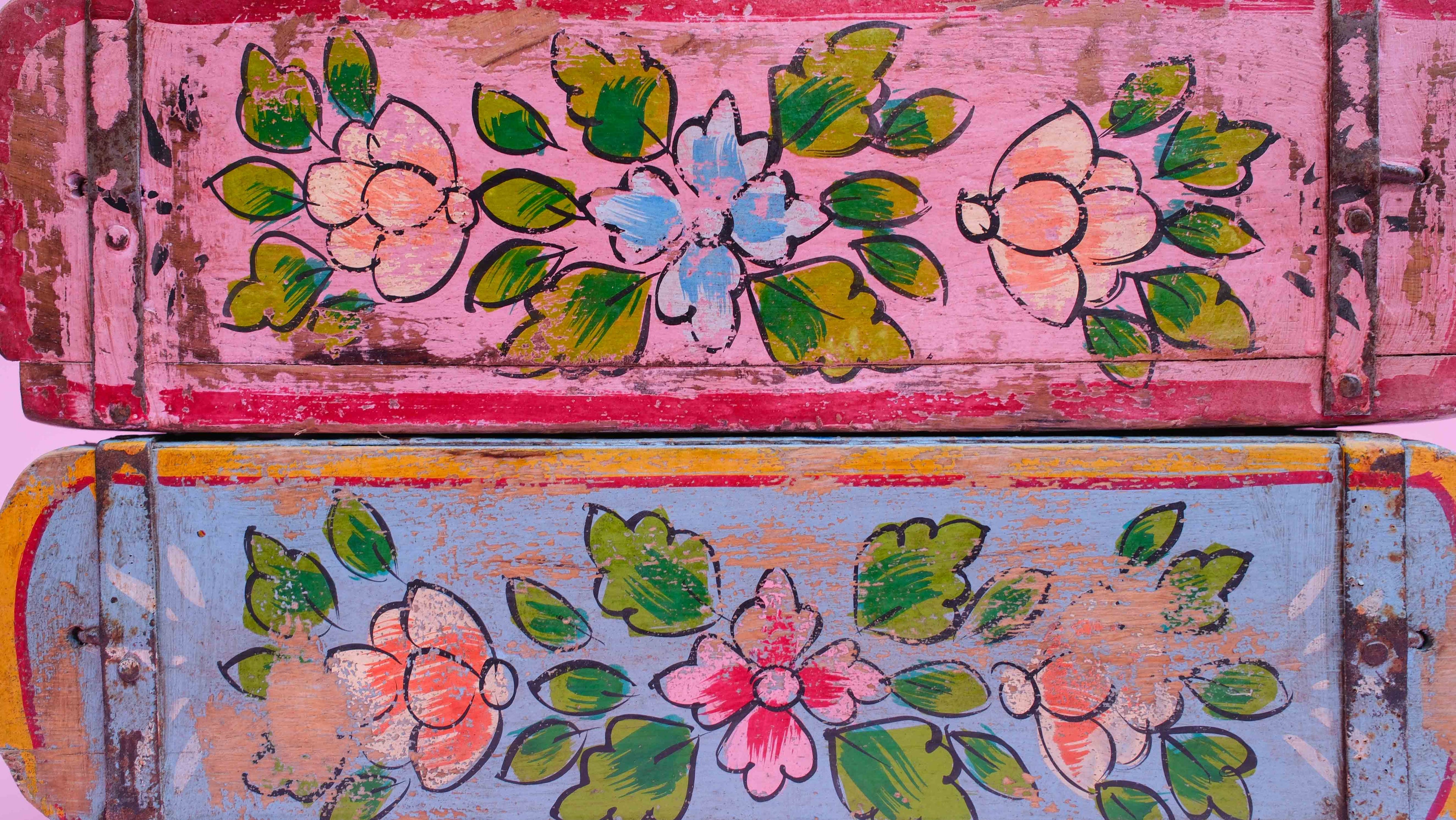 Indian Wooden Brick Mould with Hand Painted Floral Design – Vintage Rustic Storage Box