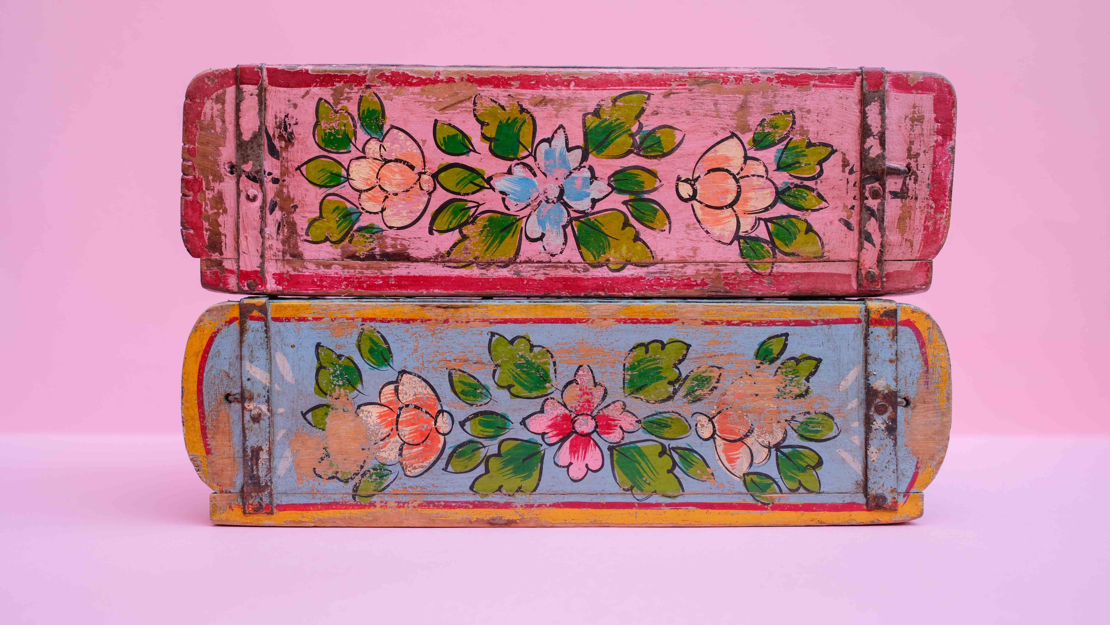 Indian Wooden Brick Mould with Hand Painted Floral Design – Vintage Rustic Storage Box