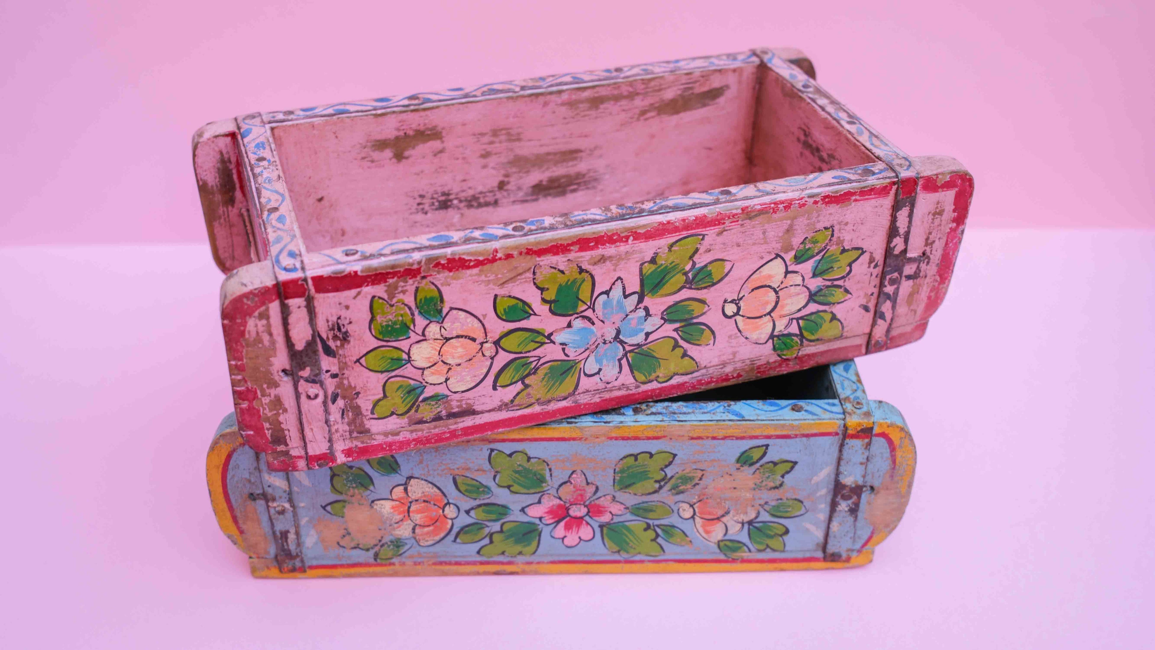 Indian Wooden Brick Mould with Hand Painted Floral Design – Vintage Rustic Storage Box