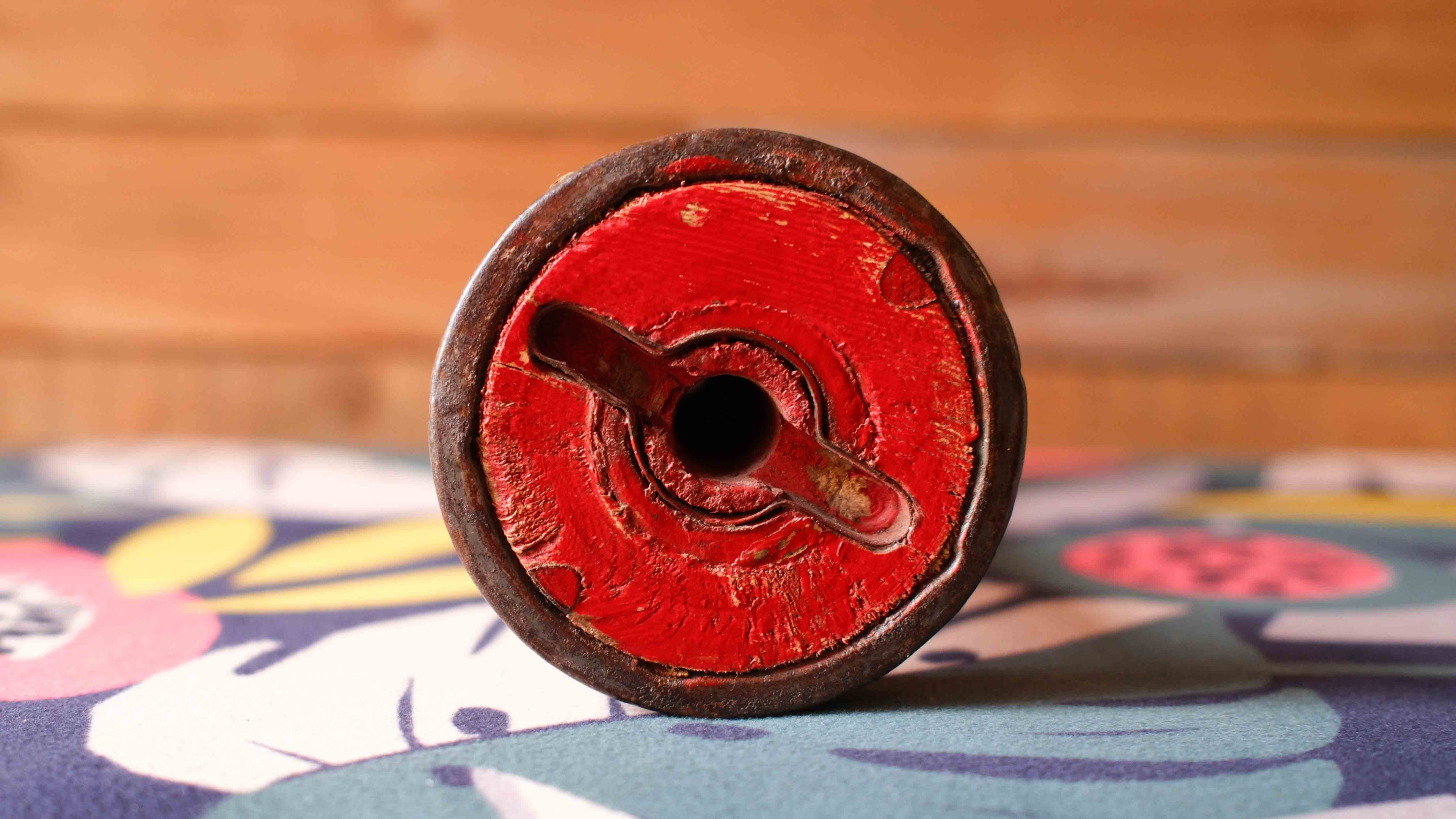 Vintage Wooden Bobbin with Red Painted Ends – Rustic Industrial Decor