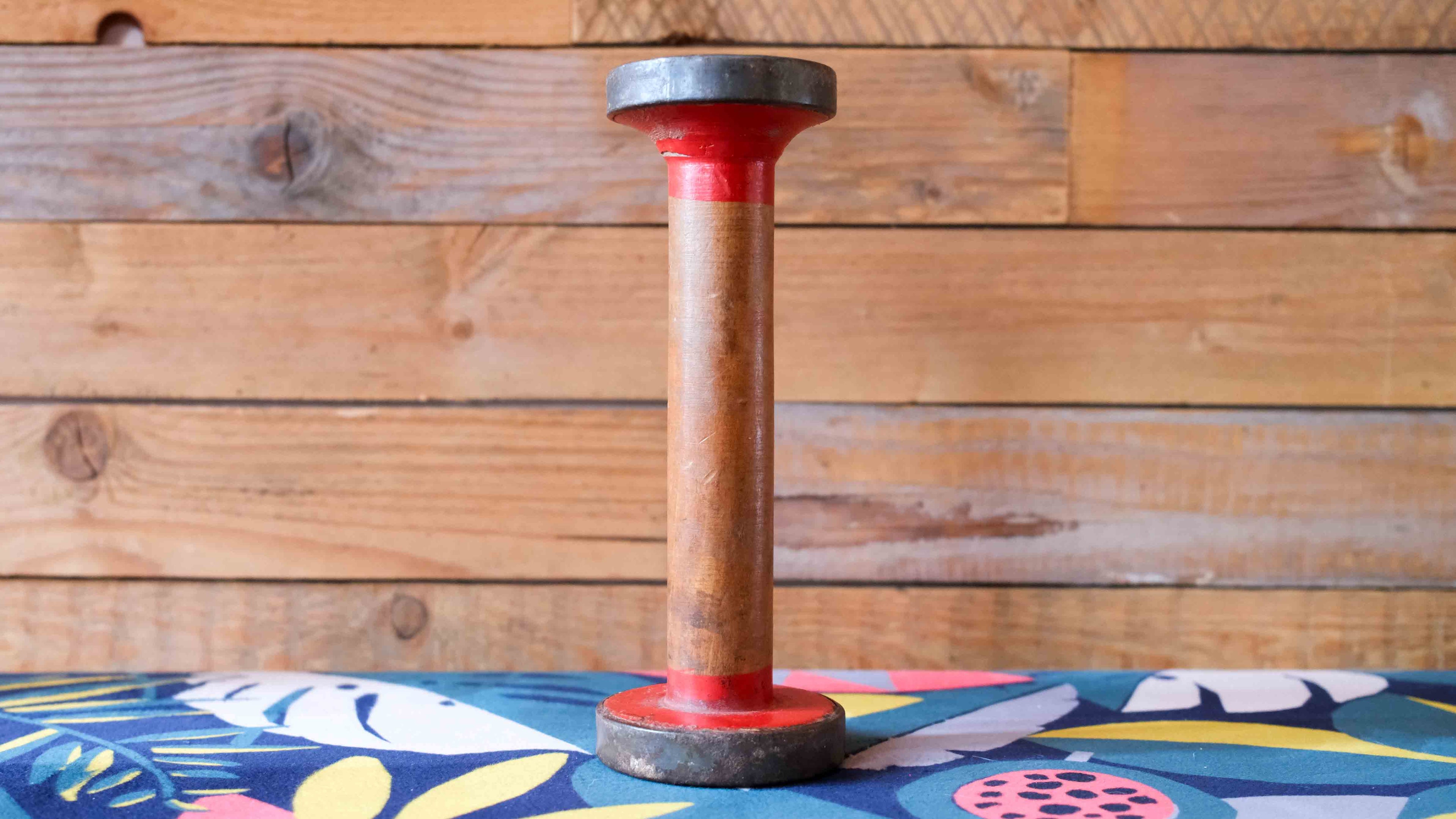 Vintage Wooden Bobbin with Red Painted Ends – Rustic Industrial Decor