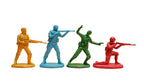 Four display toy soldiers in different colors with weapons on a pink and yellow background