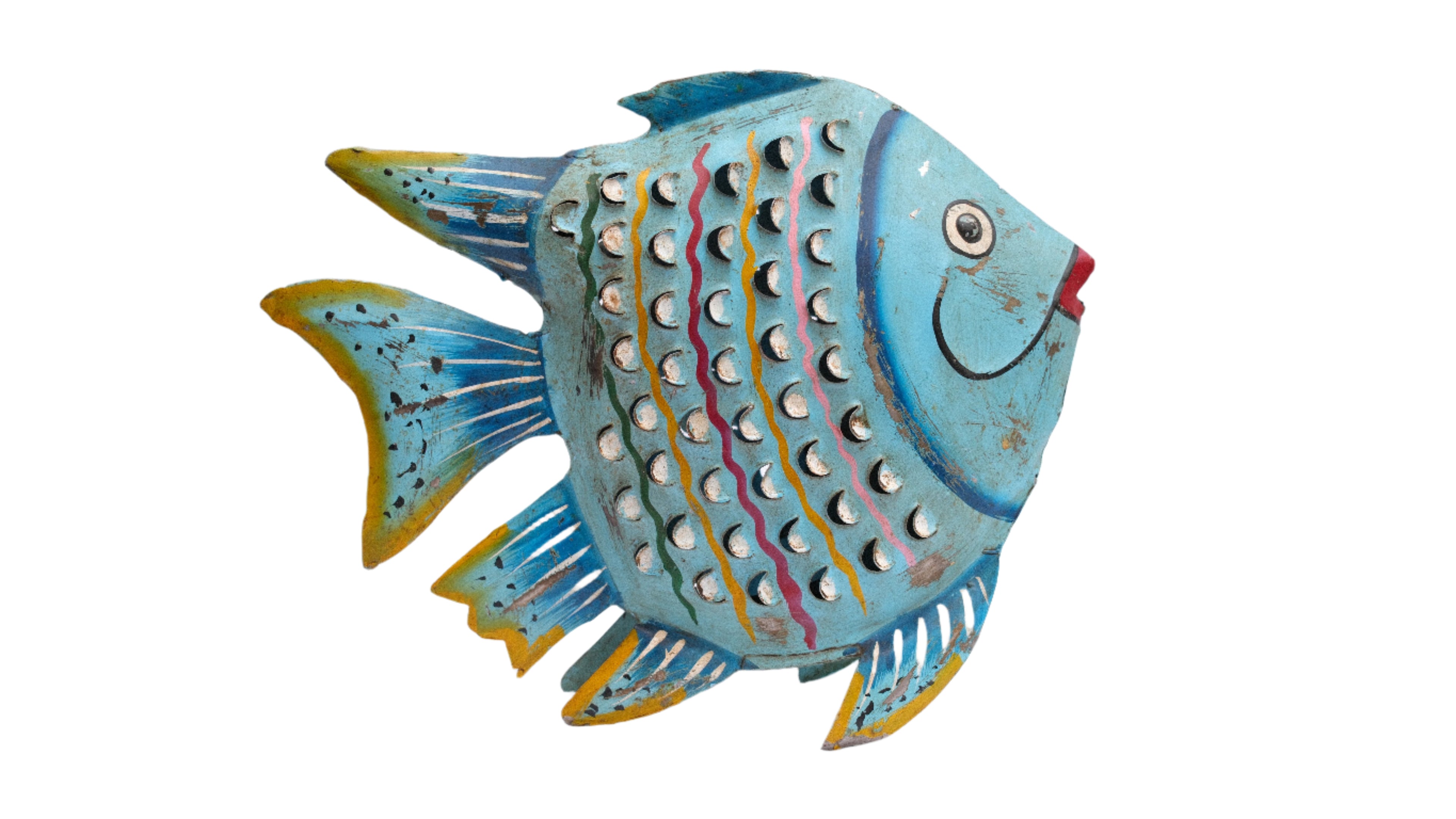 Decorative fish tea light holder with blue and yellow colors on a white background