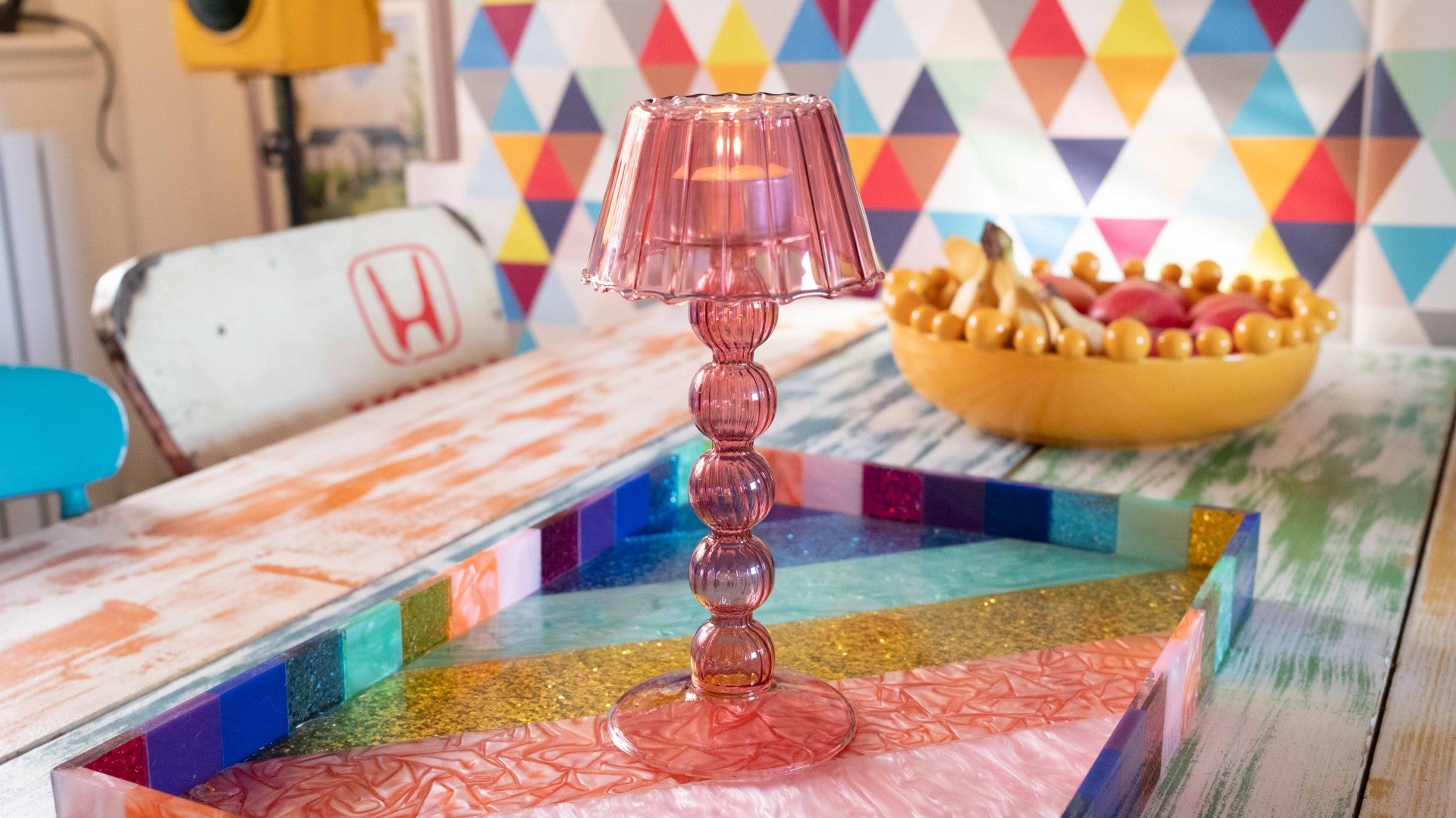 Red Violet Glass Tealight Holder – Retro Multi Ball Lamp-Style Candle Holder