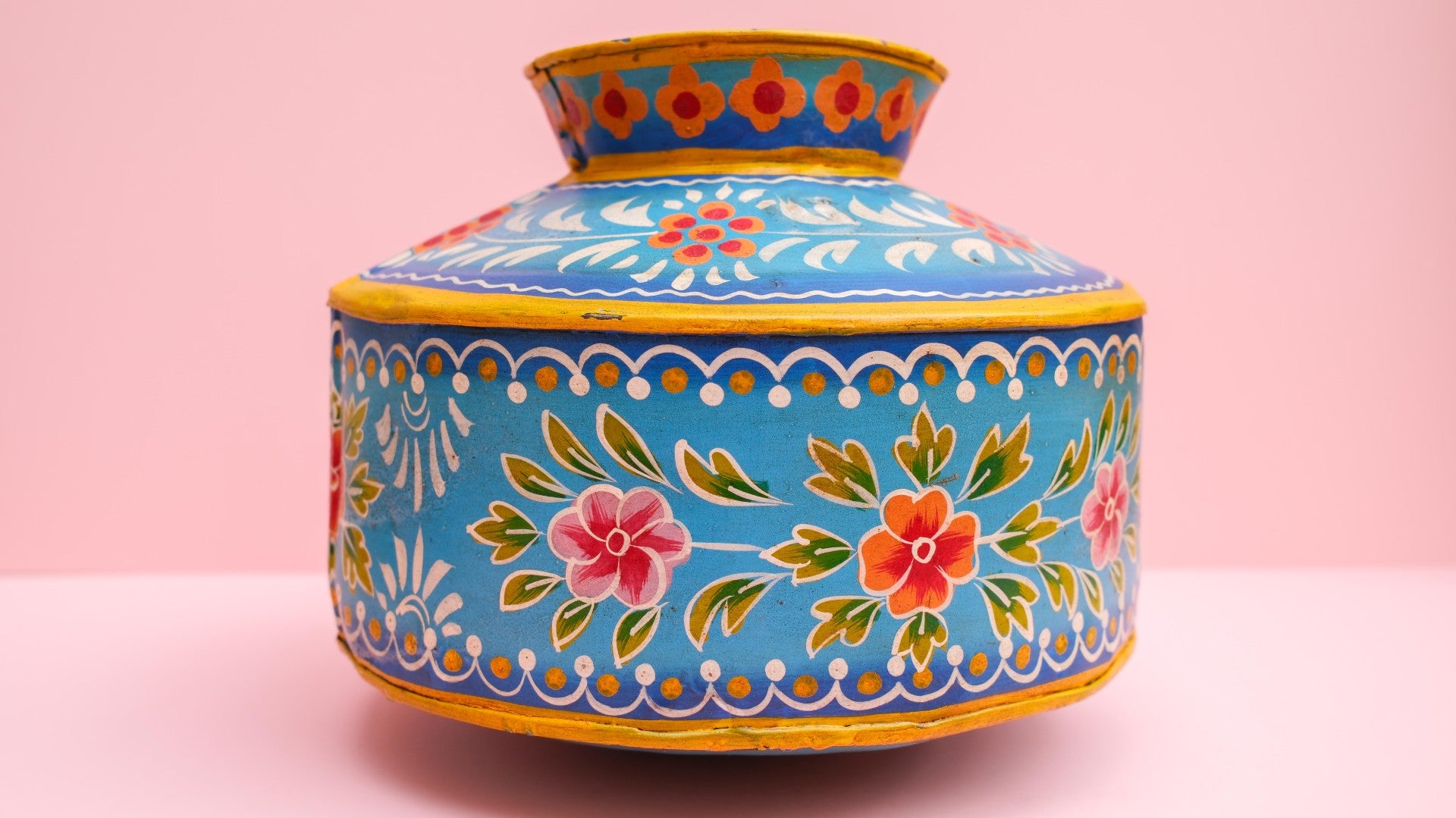 Hand-Painted Blue Indian Watering Pot | Colourful Boho Metal Planter