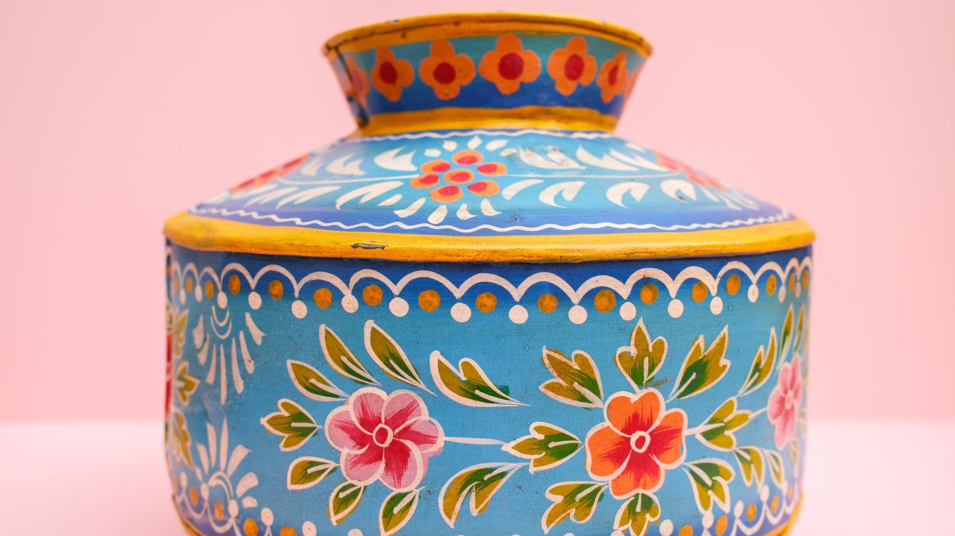 Hand-Painted Blue Indian Watering Pot | Colourful Boho Metal Planter