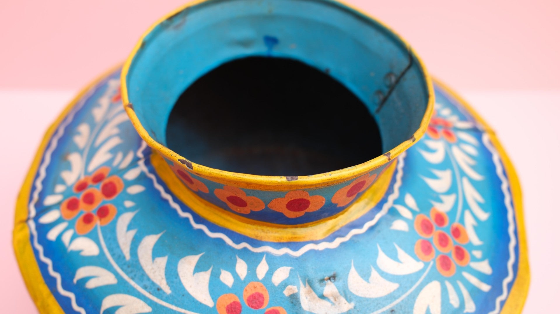 Hand-Painted Blue Indian Watering Pot | Colourful Boho Metal Planter
