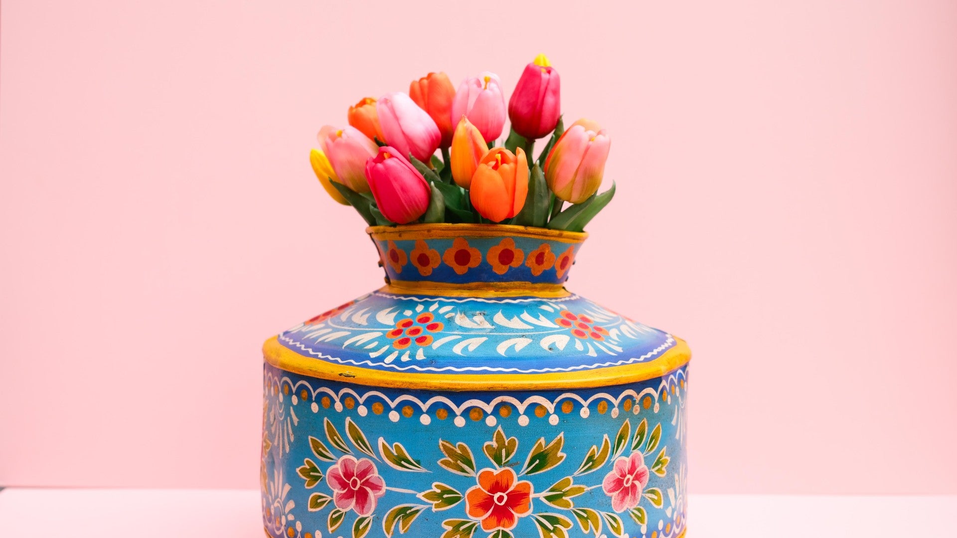 Hand-Painted Blue Indian Watering Pot | Colourful Boho Metal Planter
