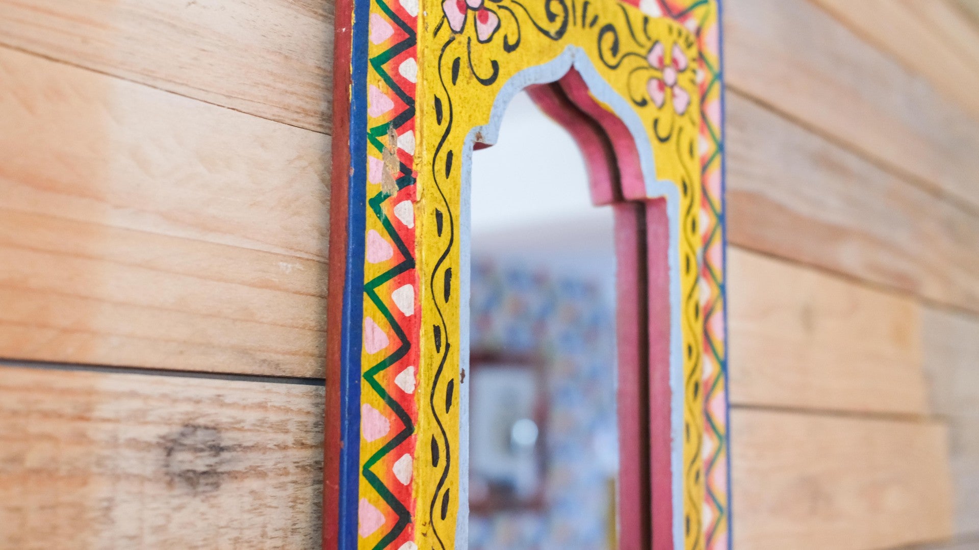 Large Hand-Painted yellow Indian Panel Mirror – Colourful Boho Wall Décor
