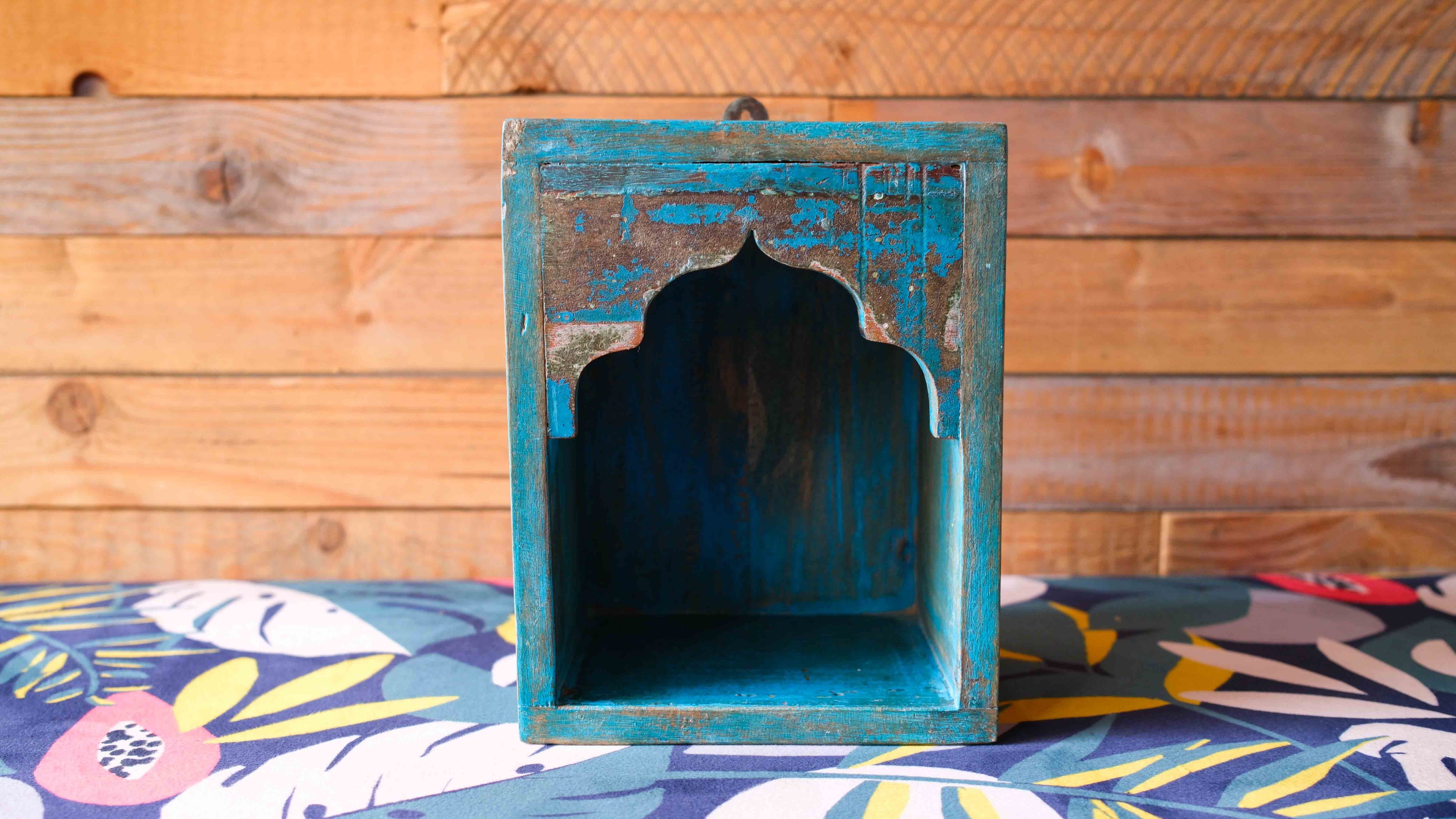 Indian Dark Blue Arched Wooden Box – Handcrafted Distressed Boho Wall Decor