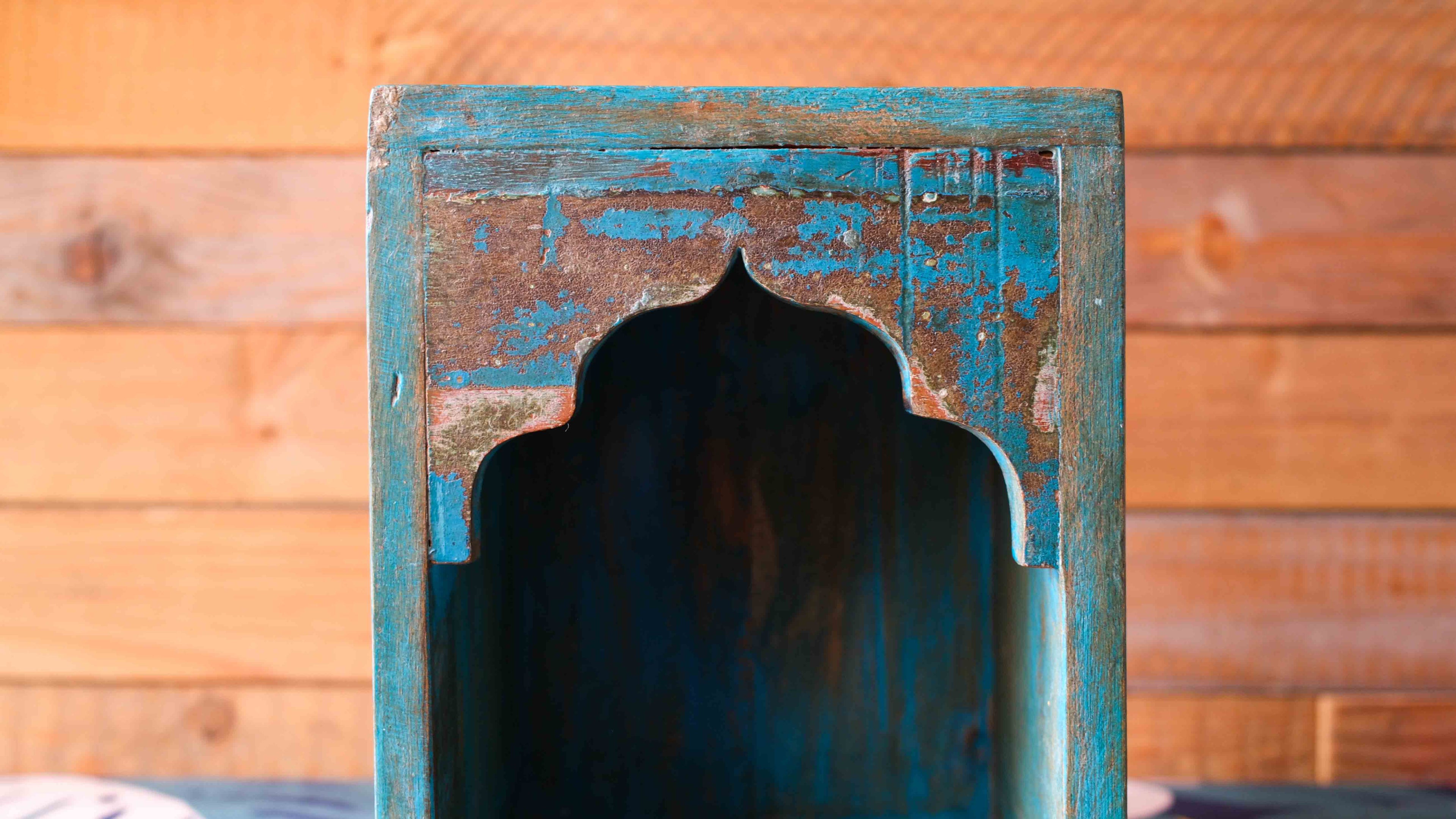 Indian Dark Blue Arched Wooden Box – Handcrafted Distressed Boho Wall Decor