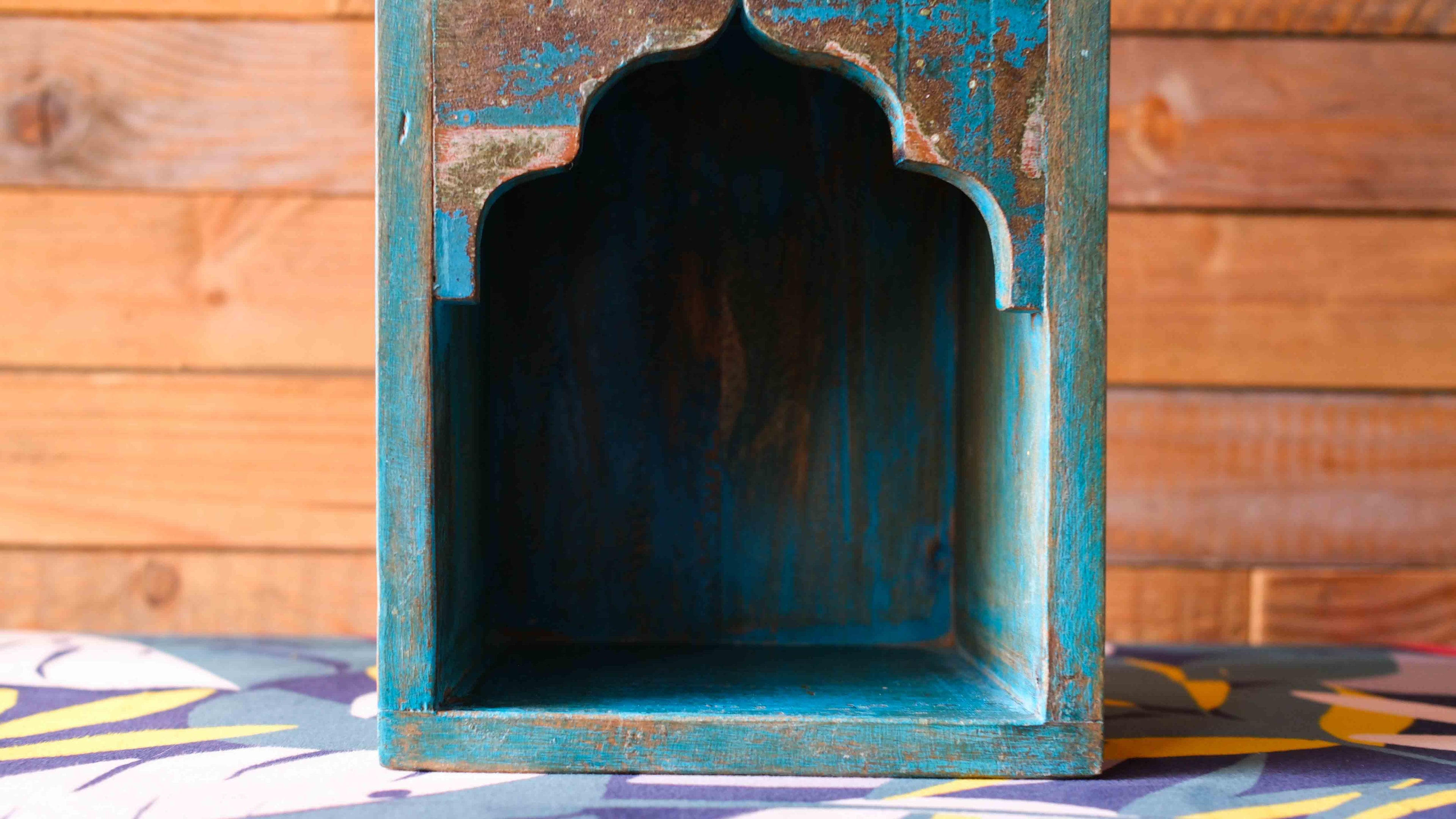 Indian Dark Blue Arched Wooden Box – Handcrafted Distressed Boho Wall Decor