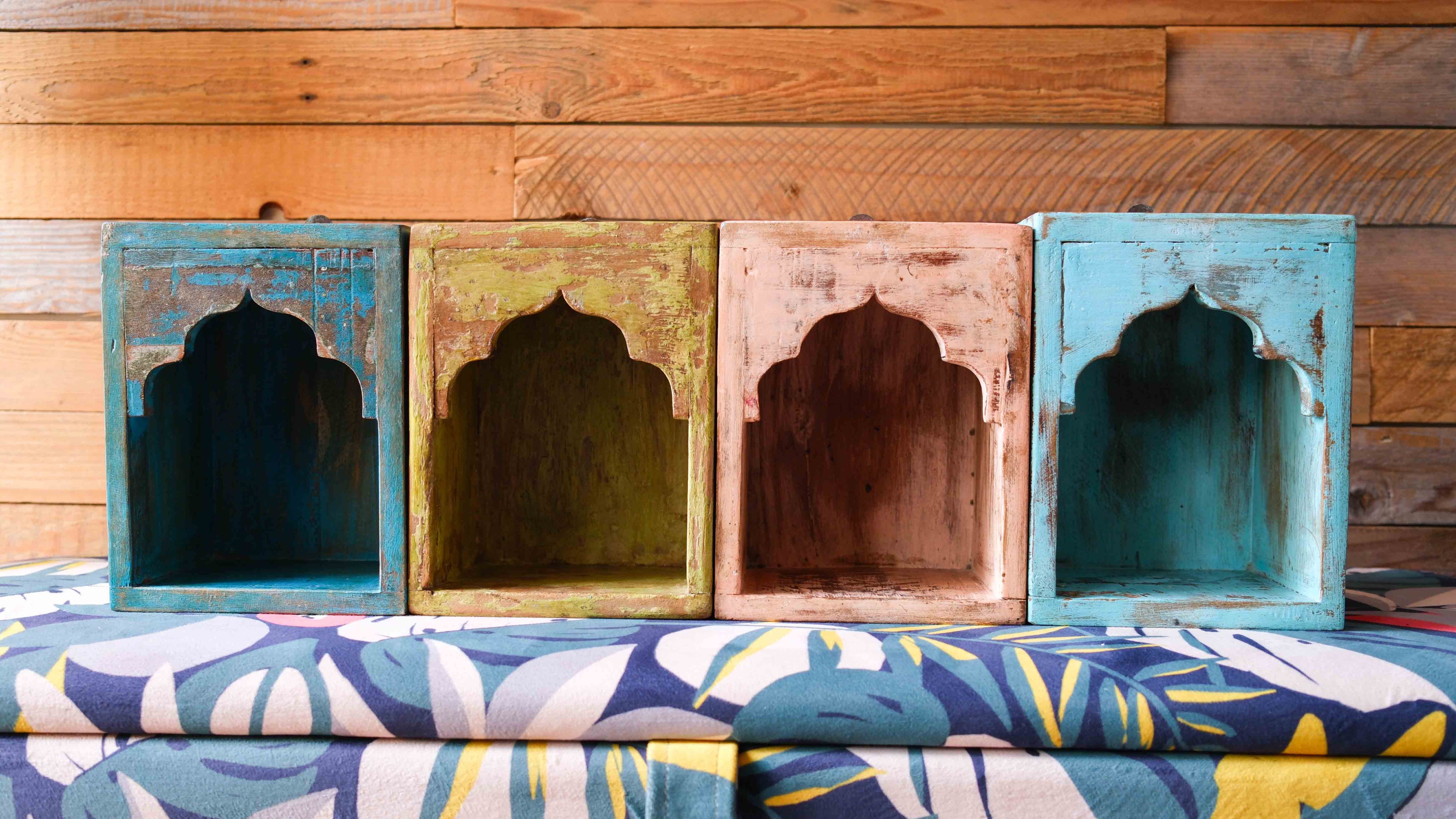 Indian Dark Blue Arched Wooden Box – Handcrafted Distressed Boho Wall Decor