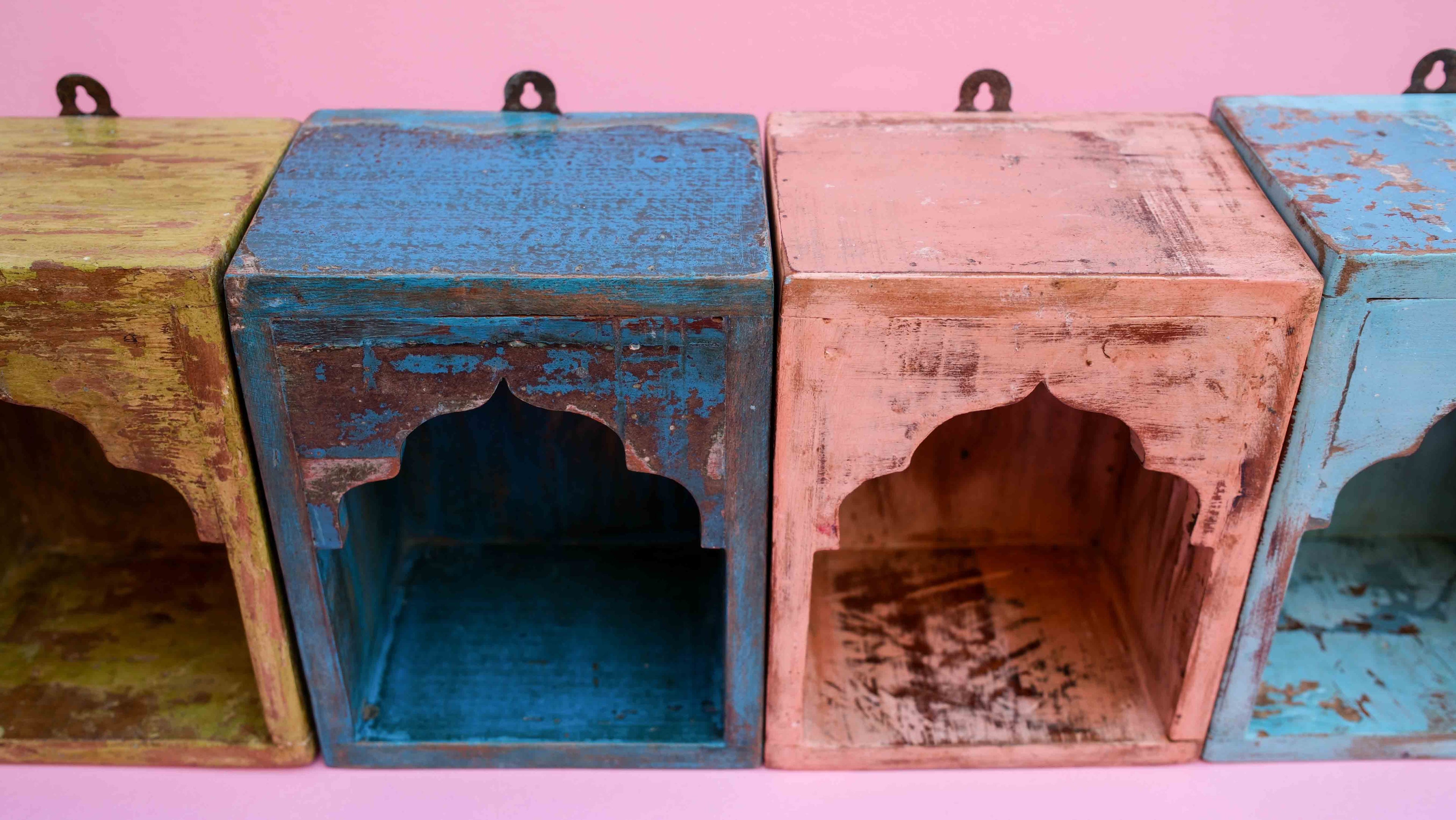 Indian Dark Blue Arched Wooden Box – Handcrafted Distressed Boho Wall Decor