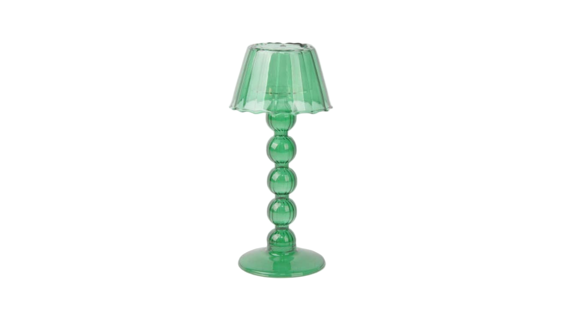 Green tea light holder lamp with a unique base design on a white background