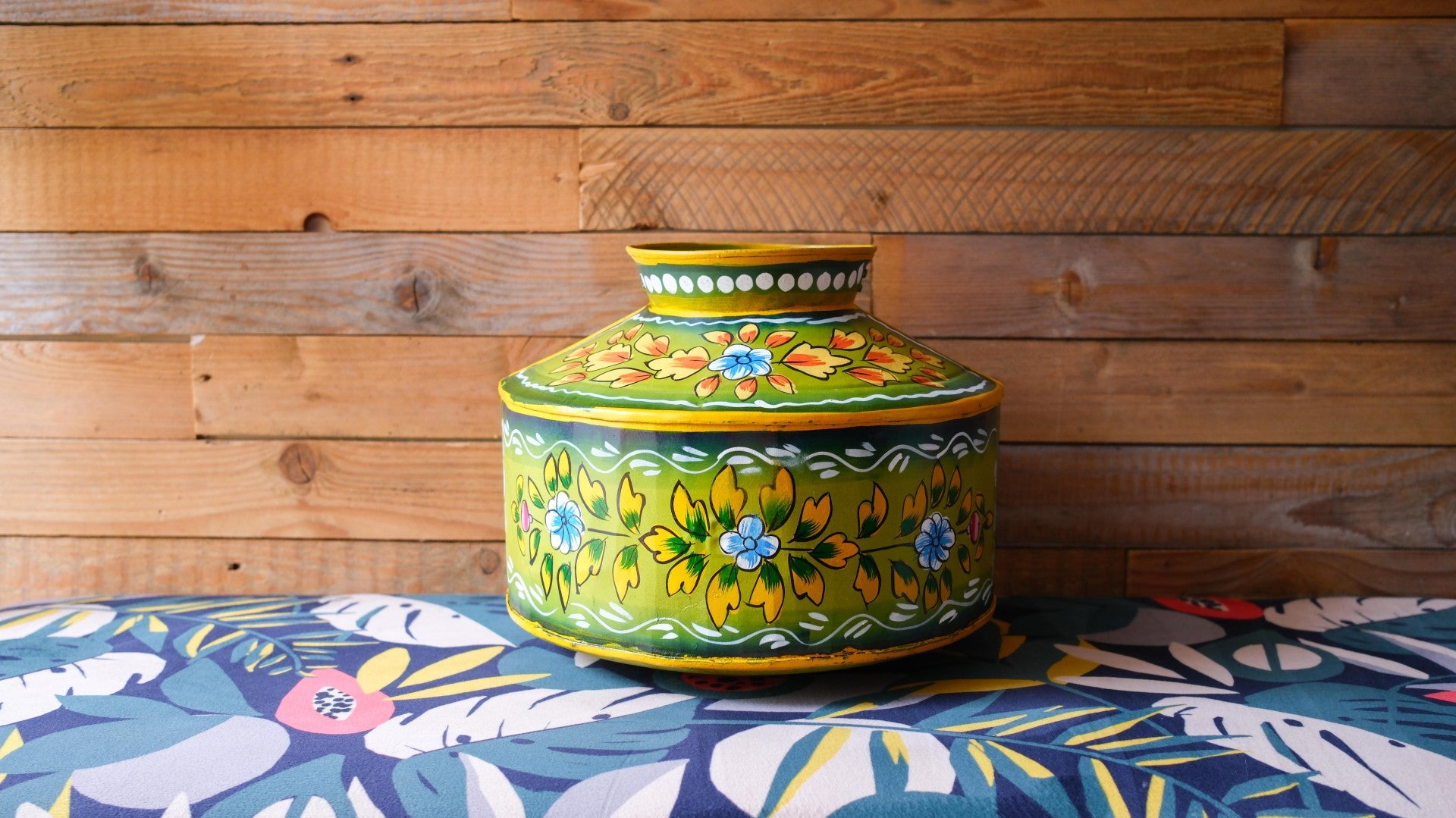 Hand-Painted Green Indian Watering Pot | Colourful Boho Metal Planter