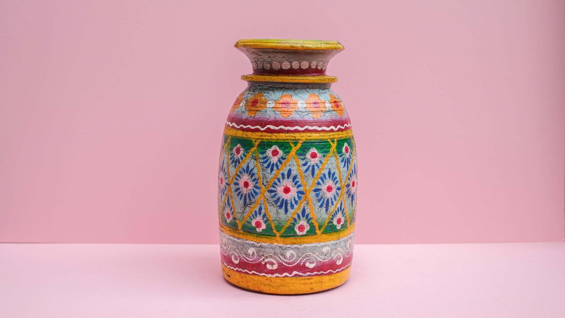 Hand-Painted Green Indian Wooden Pot – Bold Boho Folk Art Décor