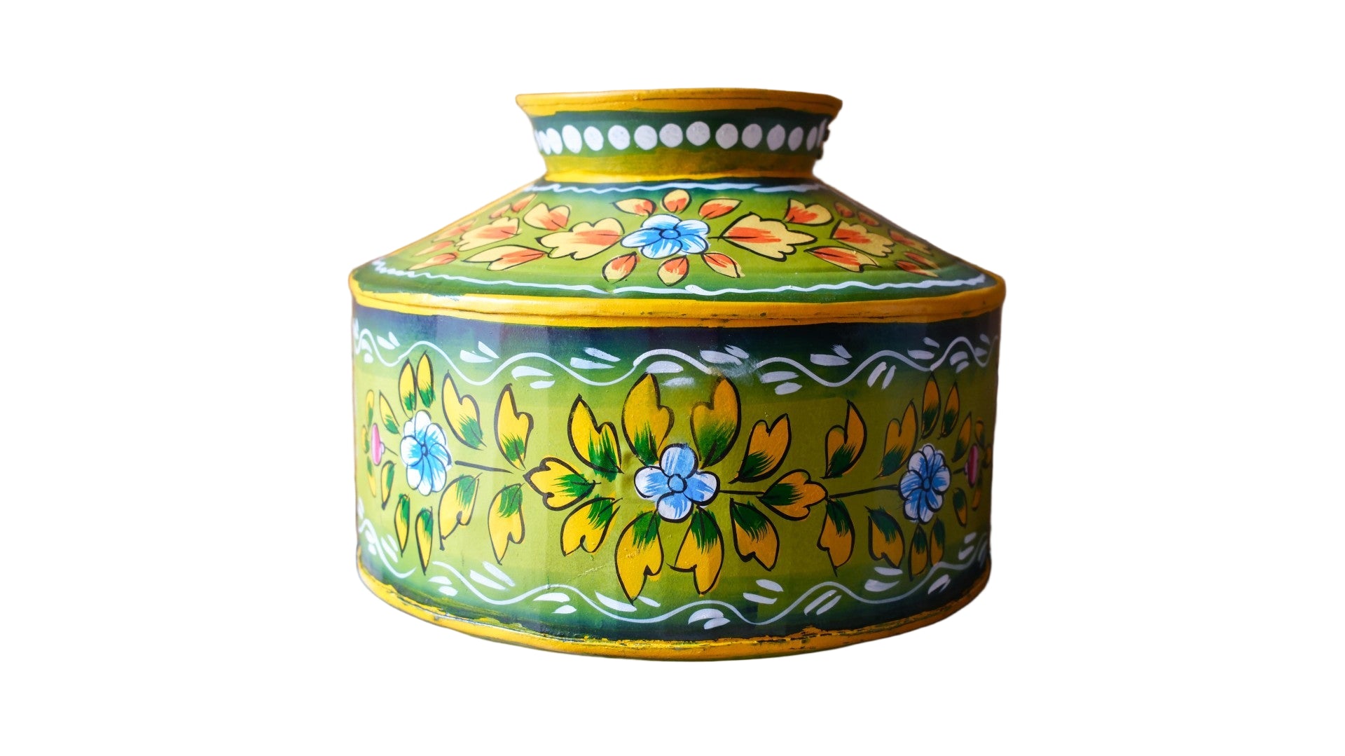 Hand-Painted Green Indian Watering Pot | Colourful Boho Metal Planter
