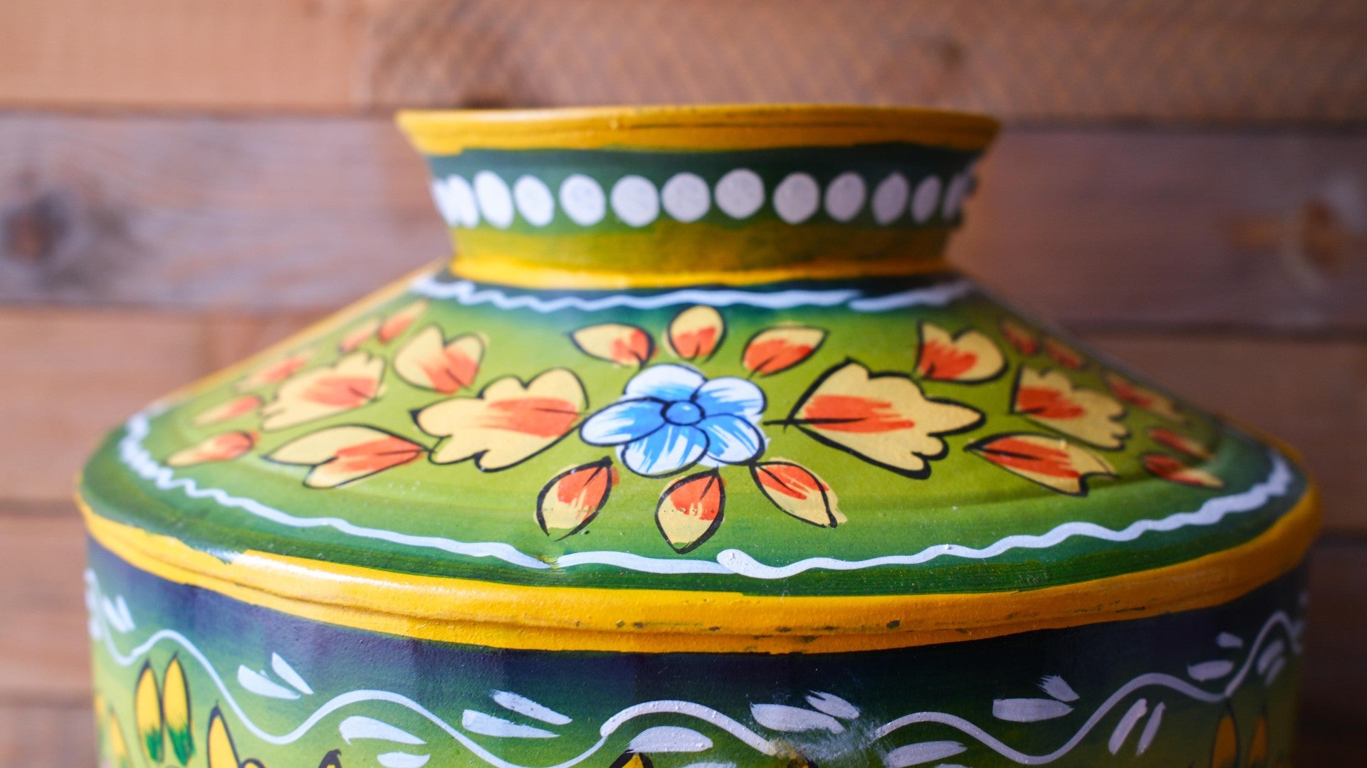 Hand-Painted Green Indian Watering Pot | Colourful Boho Metal Planter
