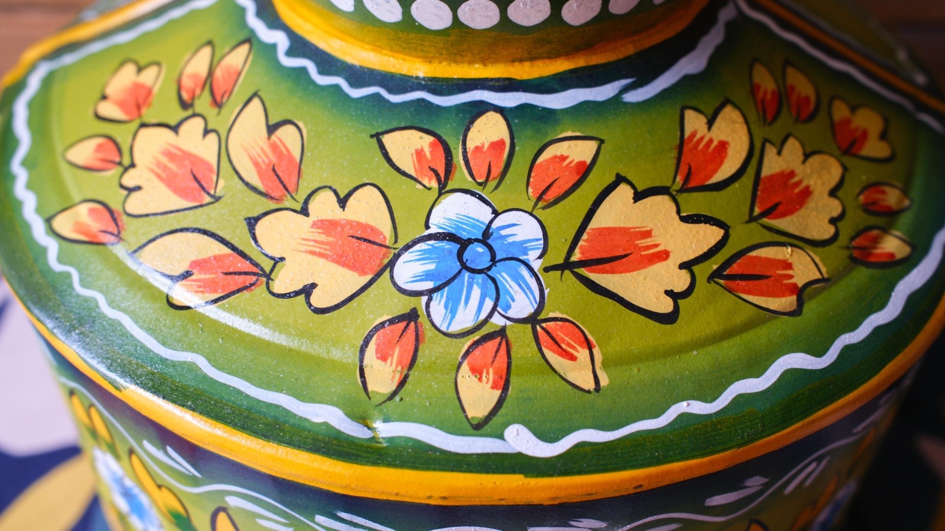Hand-Painted Green Indian Watering Pot | Colourful Boho Metal Planter