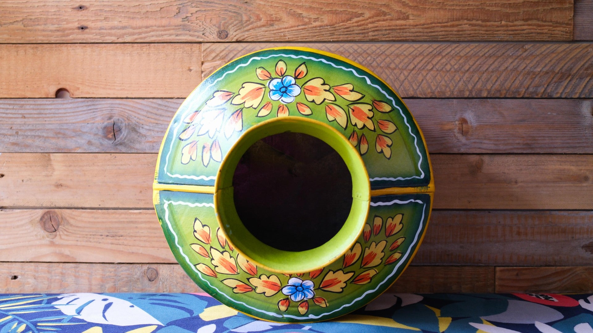 Hand-Painted Green Indian Watering Pot | Colourful Boho Metal Planter