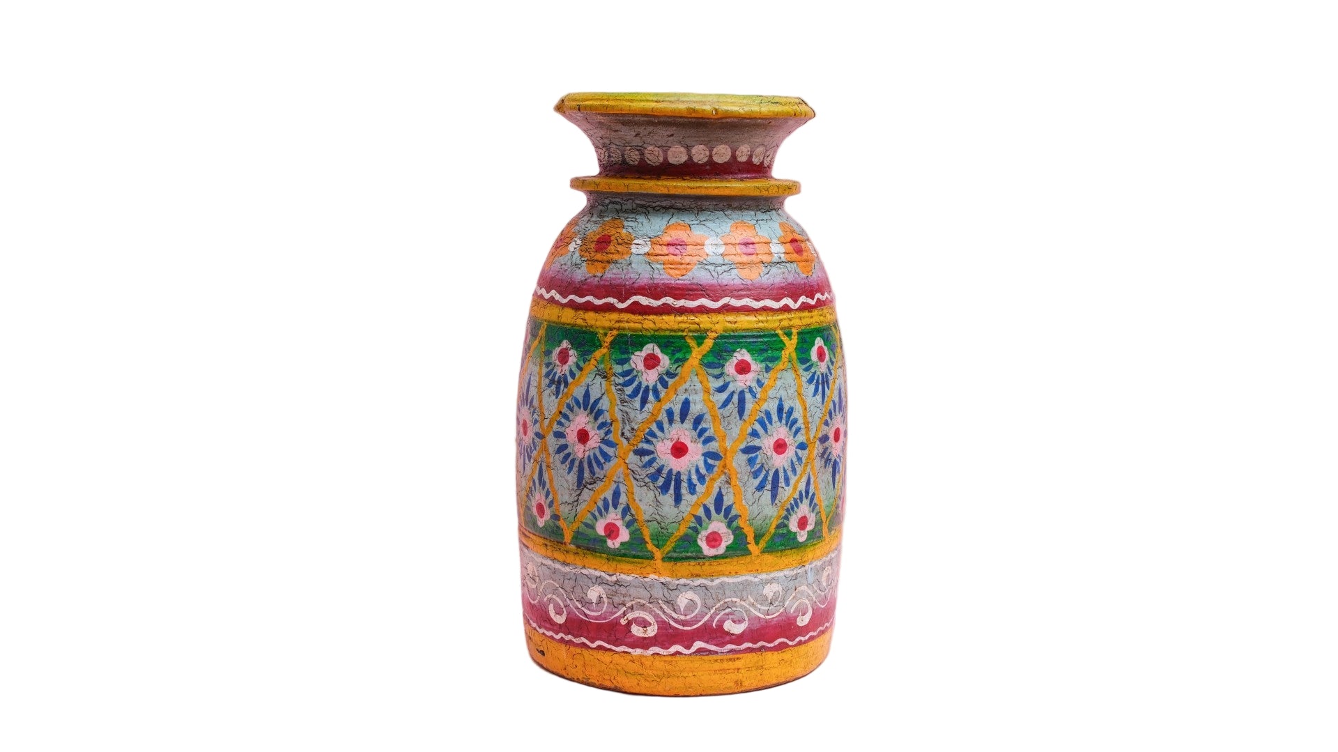 Decorative vase with colorful patterns on a white background