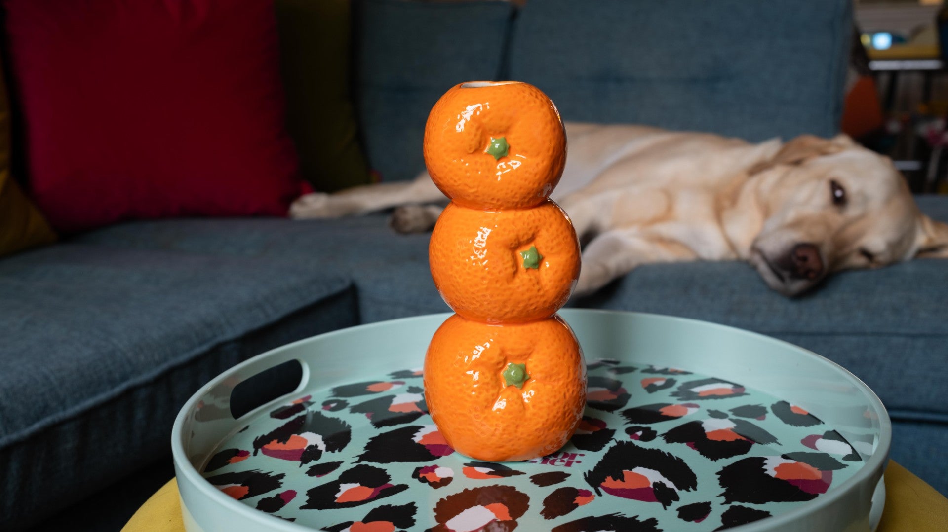 Stack of clementines on a decorative tray with a dog lying in the background
