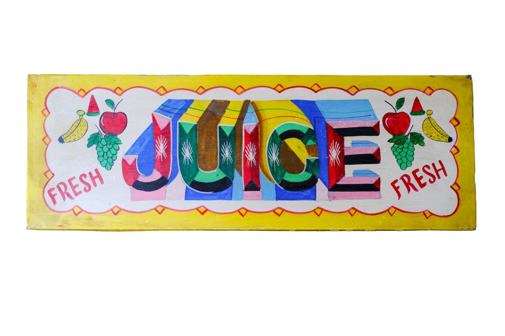 Colorful sign with 'Juice' text and fruit illustrations on a yellow metal background