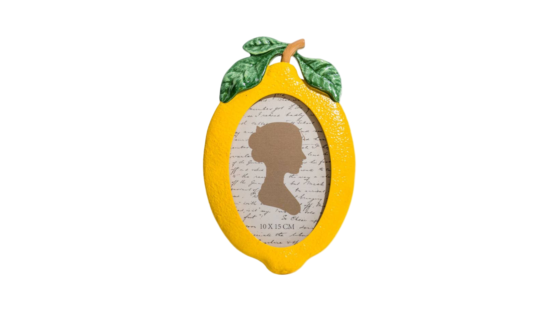 Yellow lemon-shaped picture frame with a silhouette inside on a white background