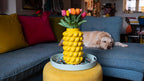 Yellow lemon embossed vase with colorful tulips on a blue couch with a dog lying down.