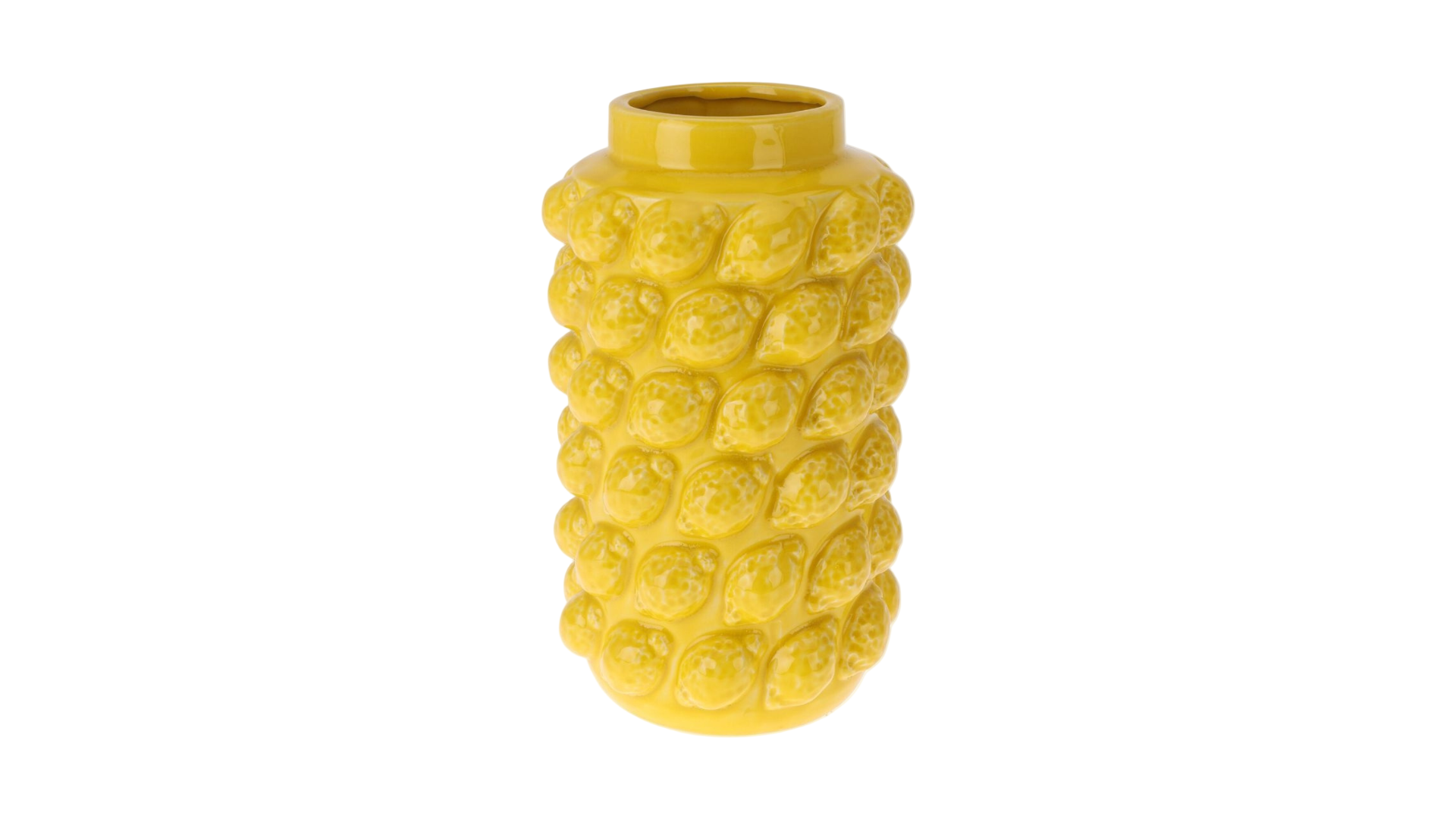 Yellow textured lemon flower vase on a white background