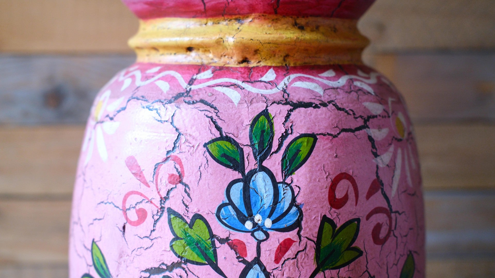 Hand-Painted Pink Large Indian Wooden Pot – Boho Folk Art Vase