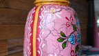 Hand-Painted Pink Large Indian Wooden Pot – Boho Folk Art Vase
