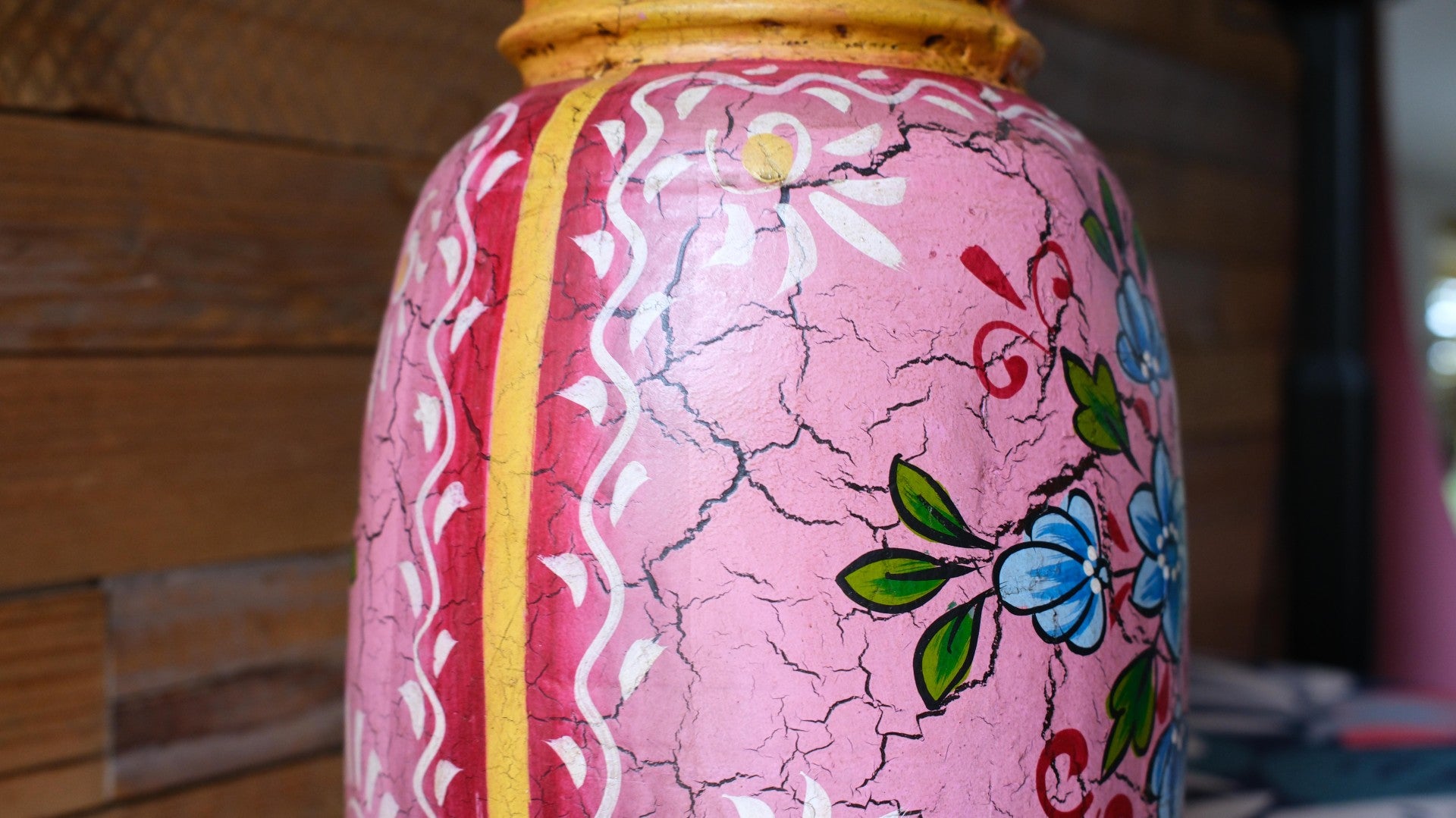Hand-Painted Pink Large Indian Wooden Pot – Boho Folk Art Vase