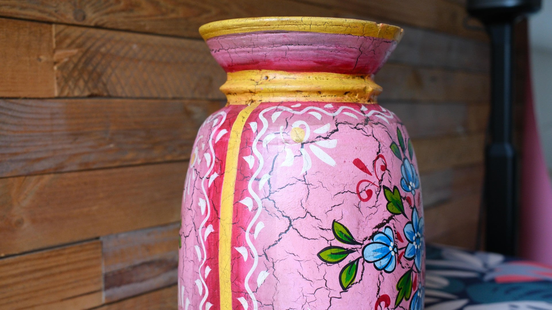 Hand-Painted Pink Large Indian Wooden Pot – Boho Folk Art Vase