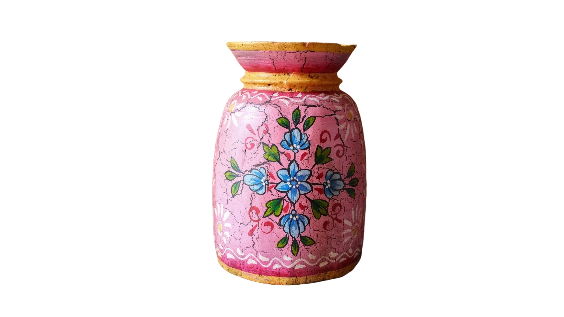 Hand-Painted Pink Large Indian Wooden Pot – Boho Folk Art Vase