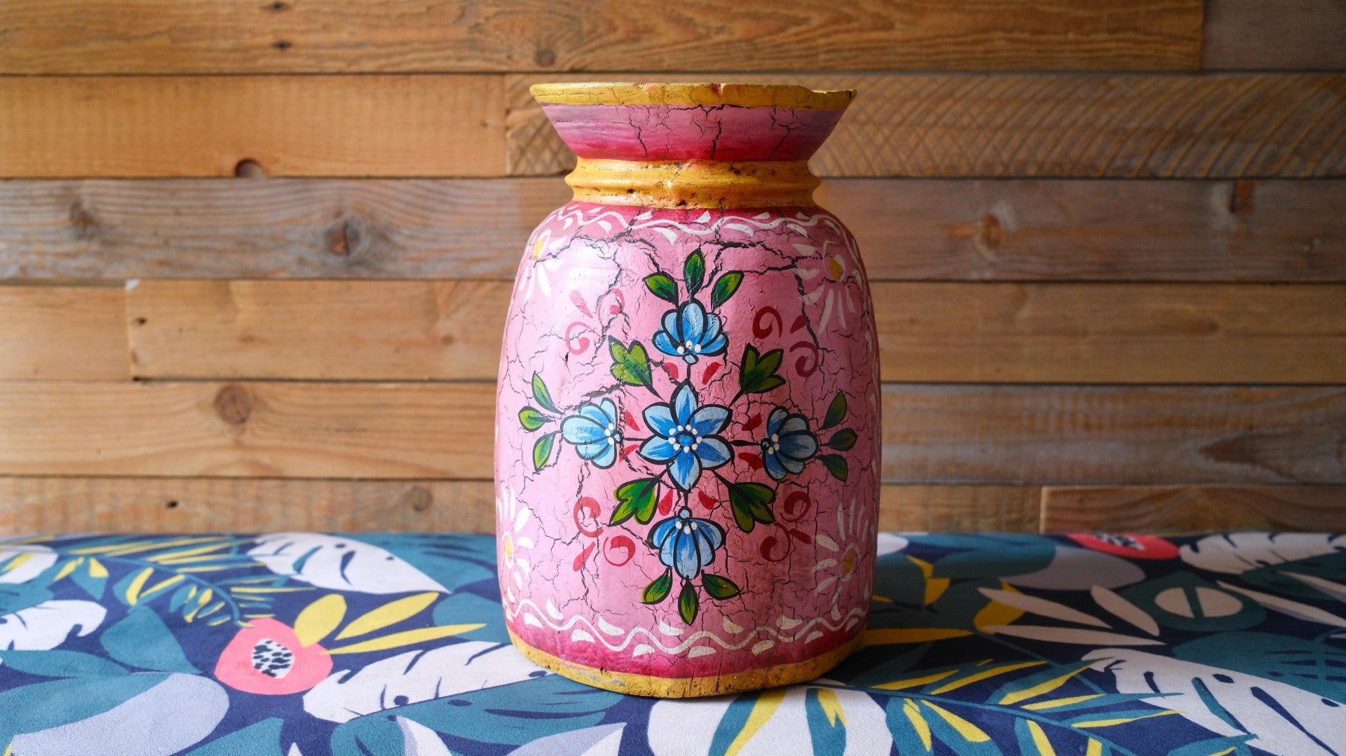 Hand-Painted Pink Large Indian Wooden Pot – Boho Folk Art Vase