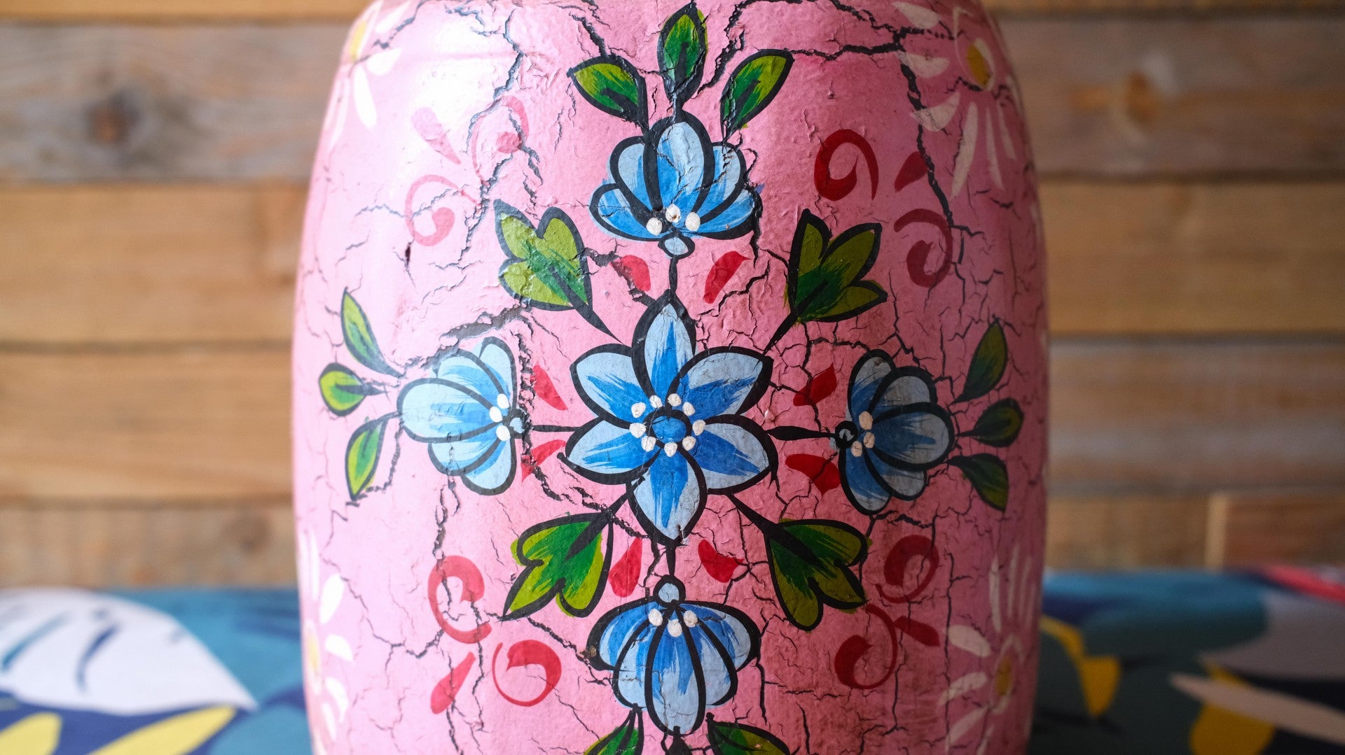 Hand-Painted Pink Large Indian Wooden Pot – Boho Folk Art Vase